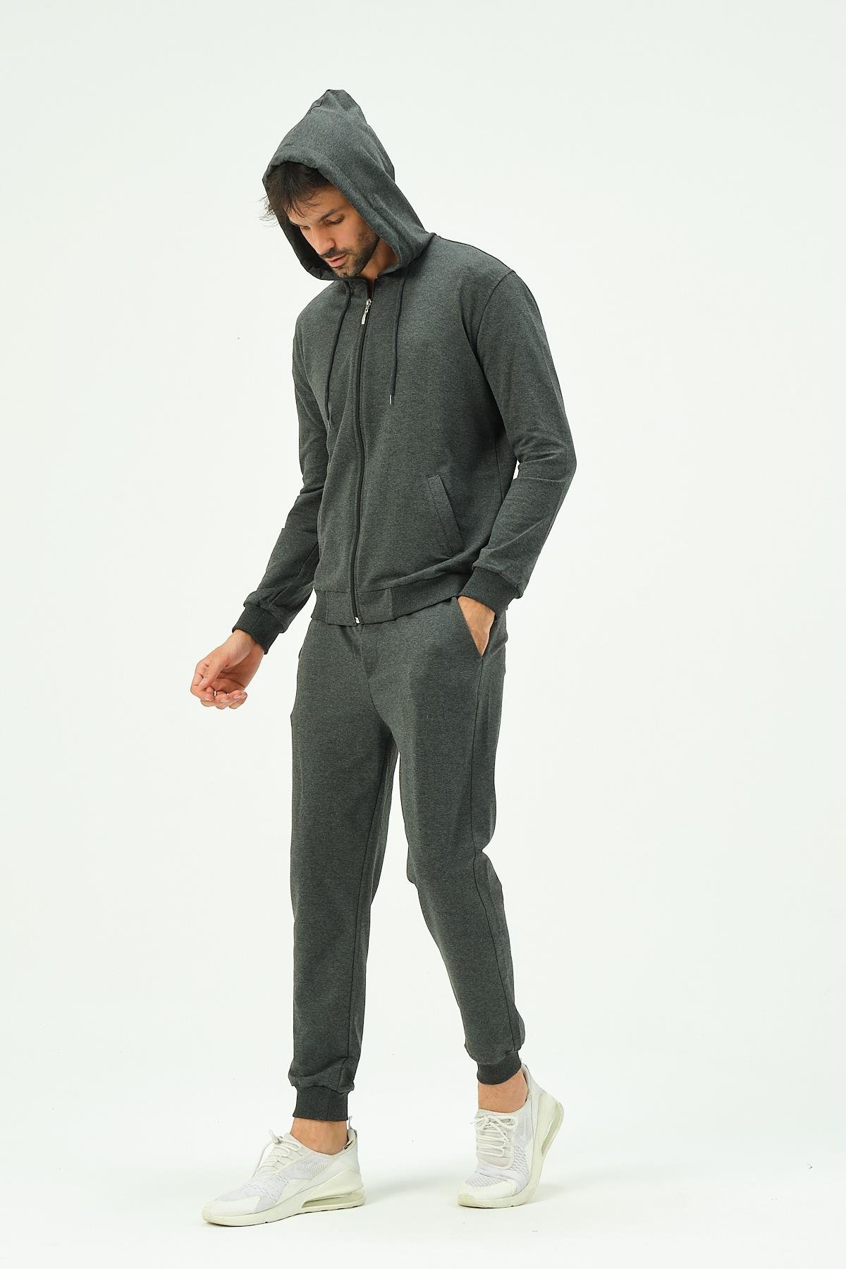 C&City Erkek Kapüşonlu Önü Fermuarlı Manşetli Paça Eşofman Takım 8702 Antrasit