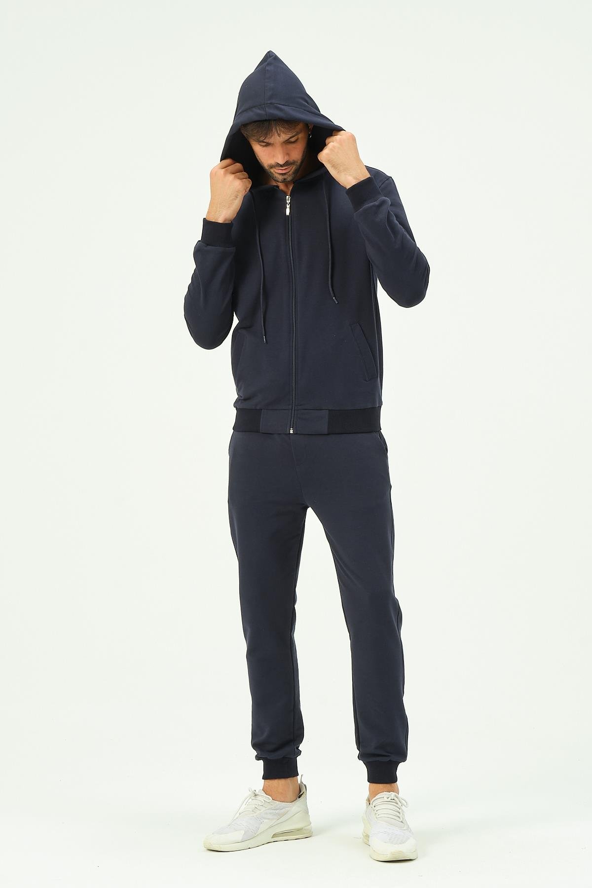 C&City Erkek Kapüşonlu Önü Fermuarlı Manşetli Paça Eşofman Takım 8702 Lacivert