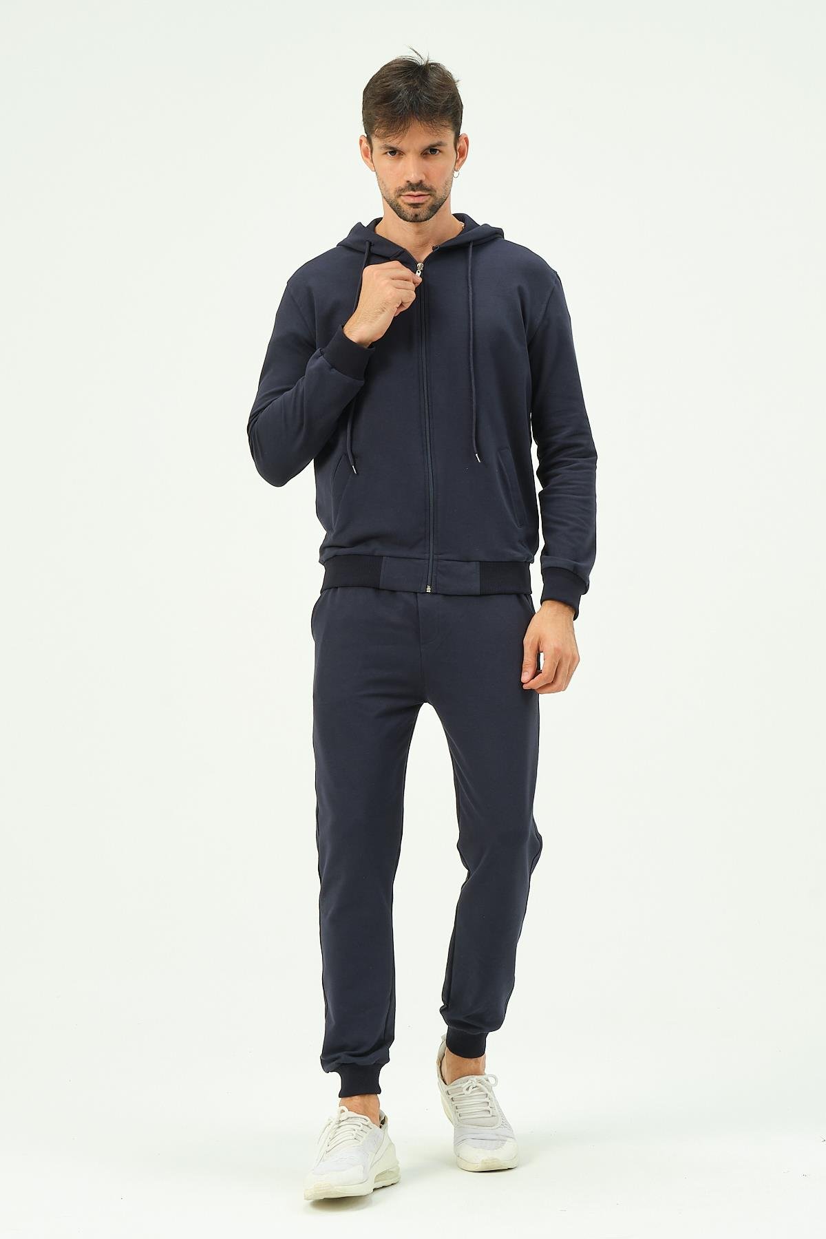 C&City Erkek Kapüşonlu Önü Fermuarlı Manşetli Paça Eşofman Takım 8702 Lacivert