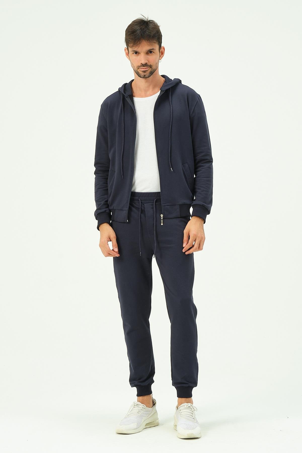 C&City Erkek Kapüşonlu Önü Fermuarlı Manşetli Paça Eşofman Takım 8702 Lacivert