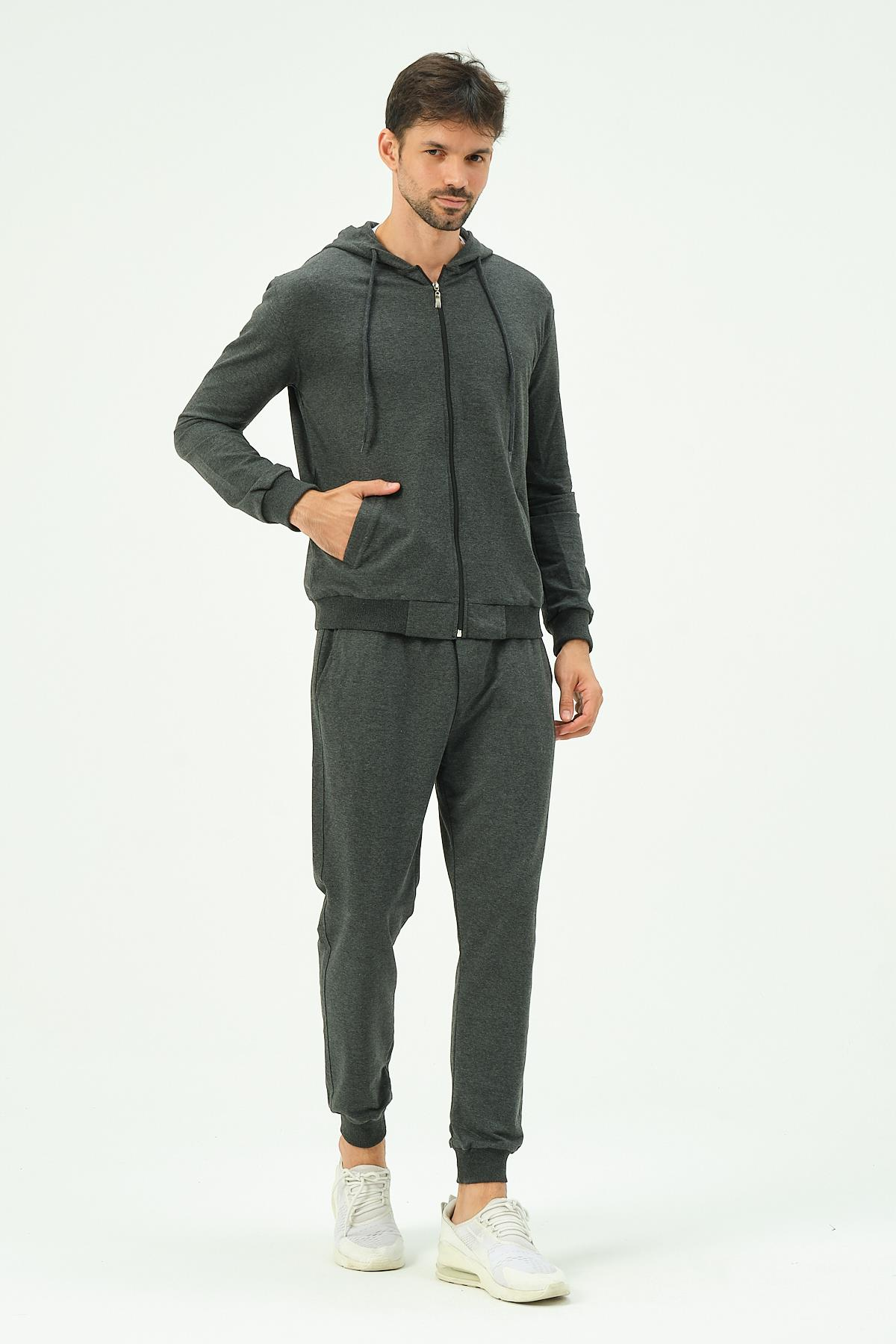 C&City Erkek Kapüşonlu Önü Fermuarlı Manşetli Paça Eşofman Takım 8702 Antrasit
