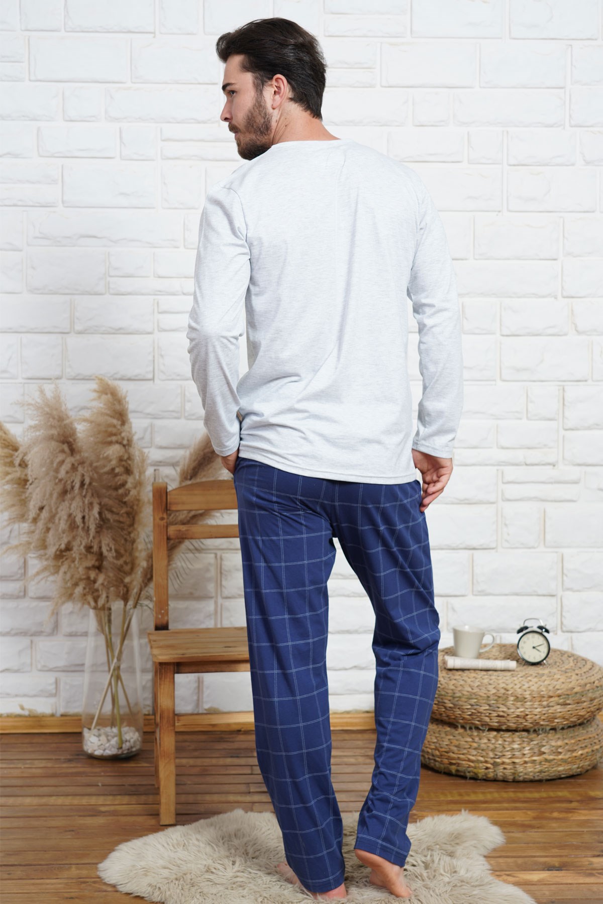C&City Erkek Uzun Kol Pijama Takım 0040710491 Gri Melanj