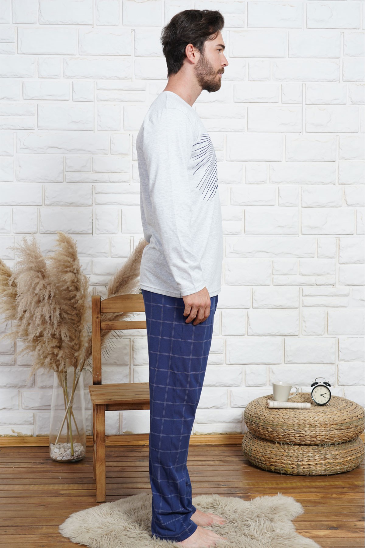 C&City Erkek Uzun Kol Pijama Takım 0040710491 Gri Melanj