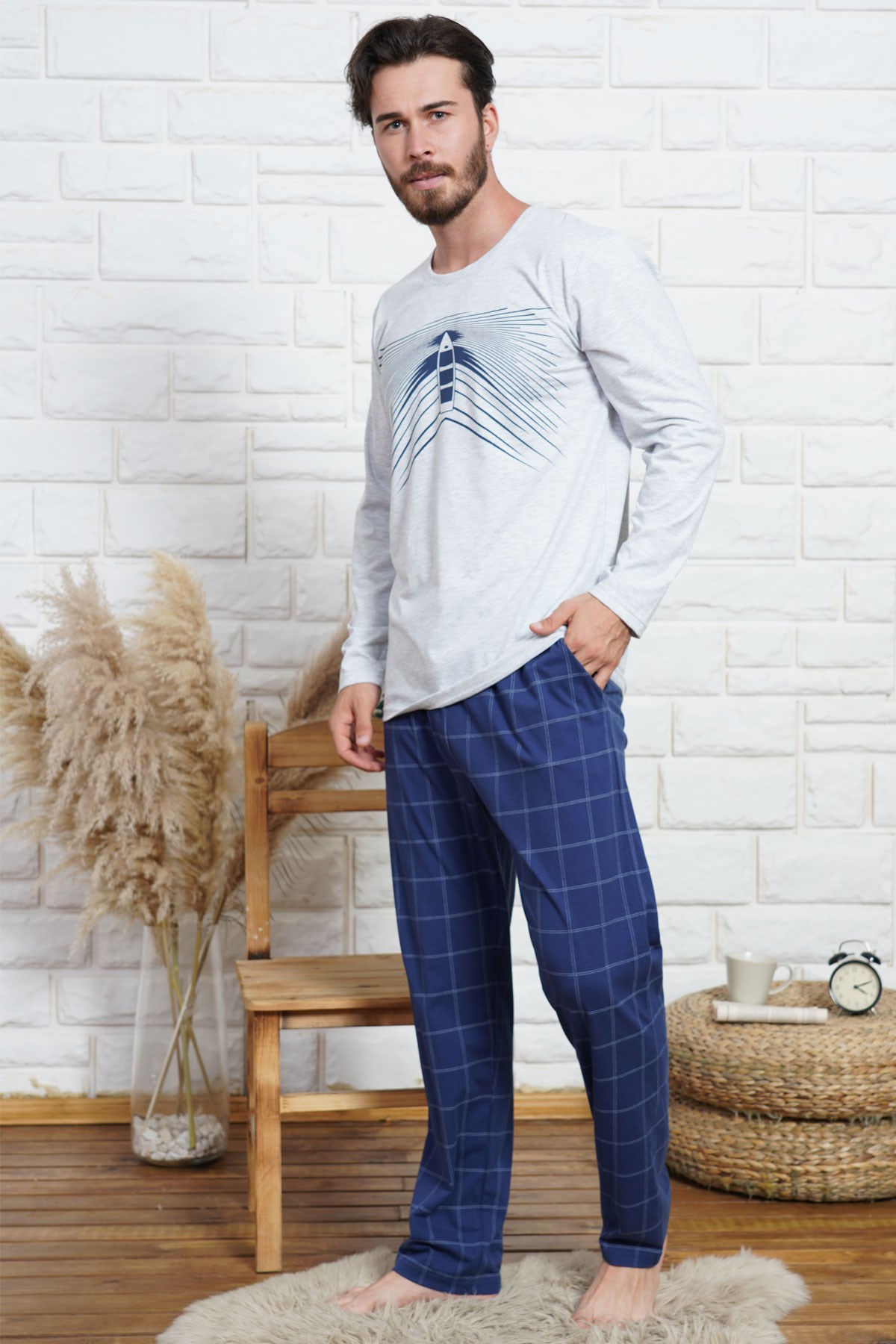 C&City Erkek Uzun Kol Pijama Takım 0040710491 Gri Melanj