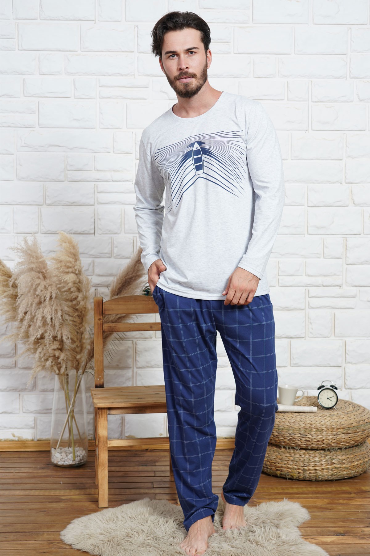 C&City Erkek Uzun Kol Pijama Takım 0040710491 Gri Melanj