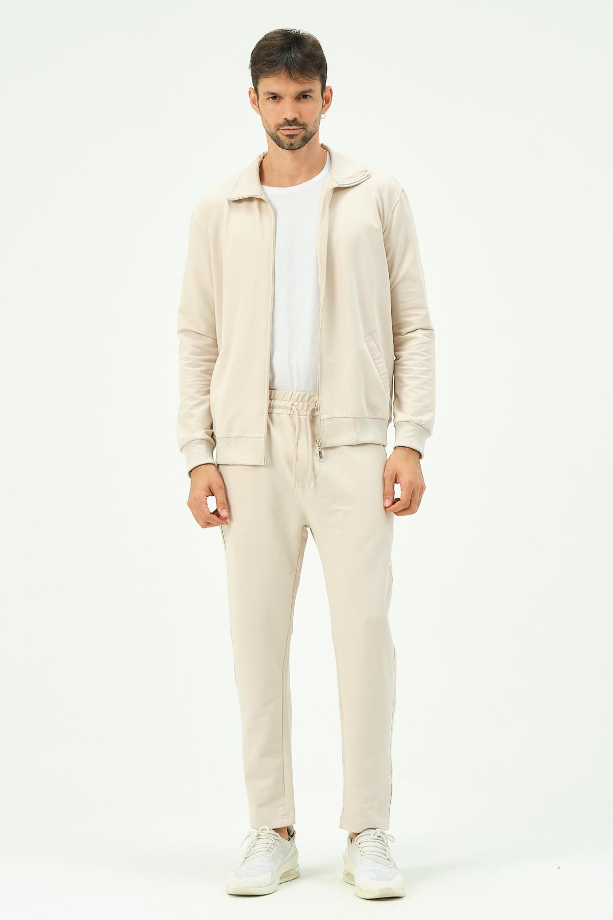 C&City Erkek Yakalı Önü Fermuarlı Düz Paça Eşofman Takım 8701 Bej