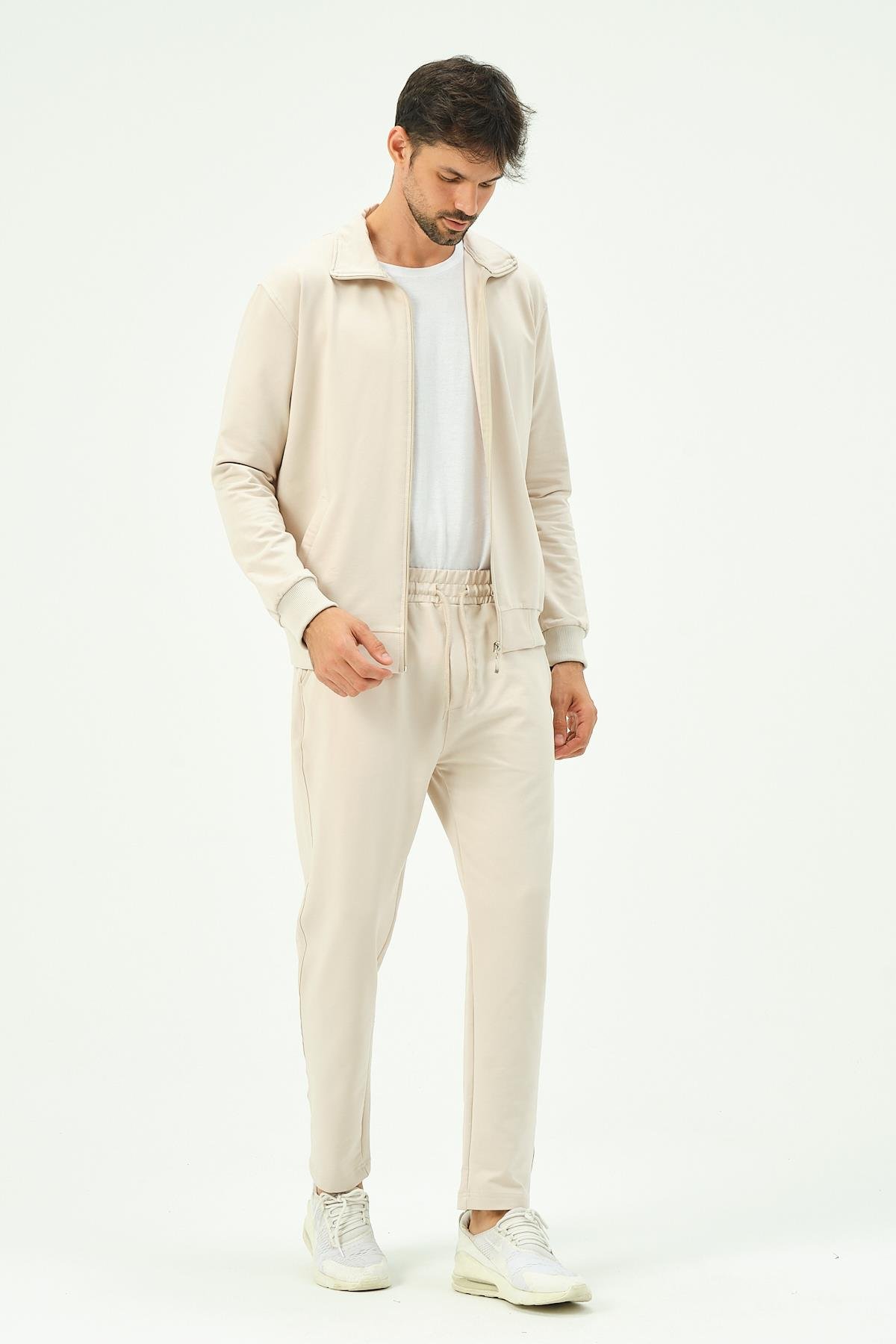 C&City Erkek Yakalı Önü Fermuarlı Düz Paça Eşofman Takım 8701 Bej
