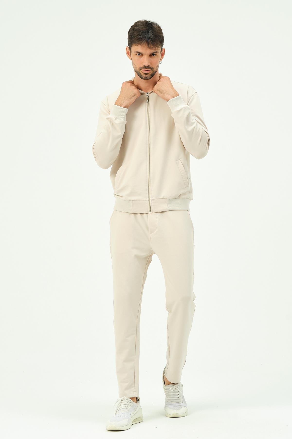 C&City Erkek Yakalı Önü Fermuarlı Düz Paça Eşofman Takım 8701 Bej