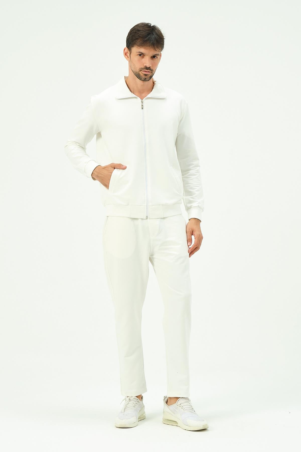 C&City Erkek Yakalı Önü Fermuarlı Düz Paça Eşofman Takım 8701 Ekru