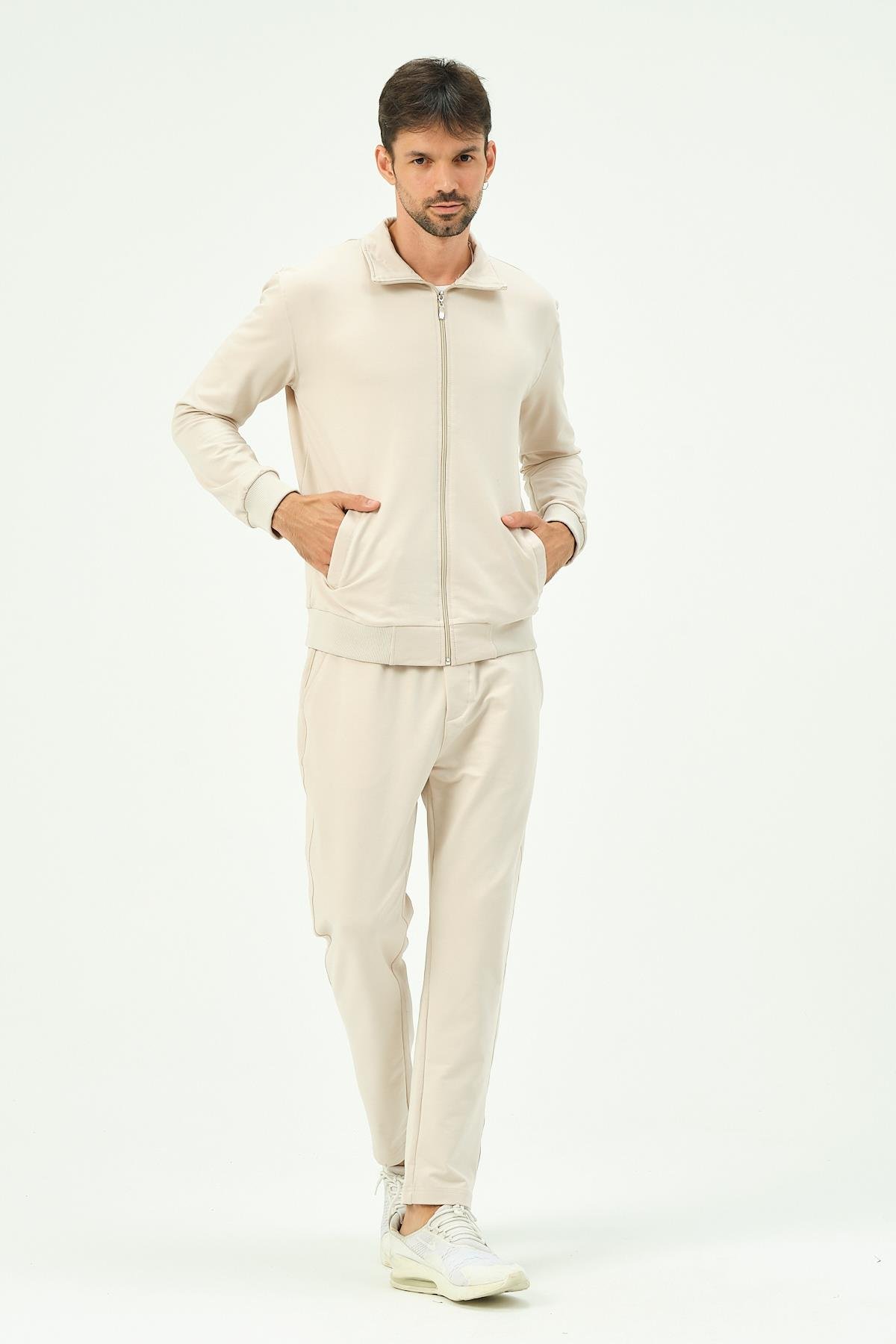 C&City Erkek Yakalı Önü Fermuarlı Düz Paça Eşofman Takım 8701 Bej