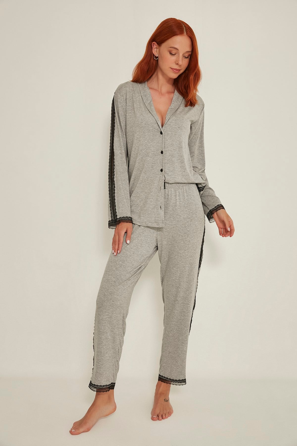C&City Esperanza Kadın Dantelli Gömlek-Dantelli Pantolon Modal Pijama Takım Gri