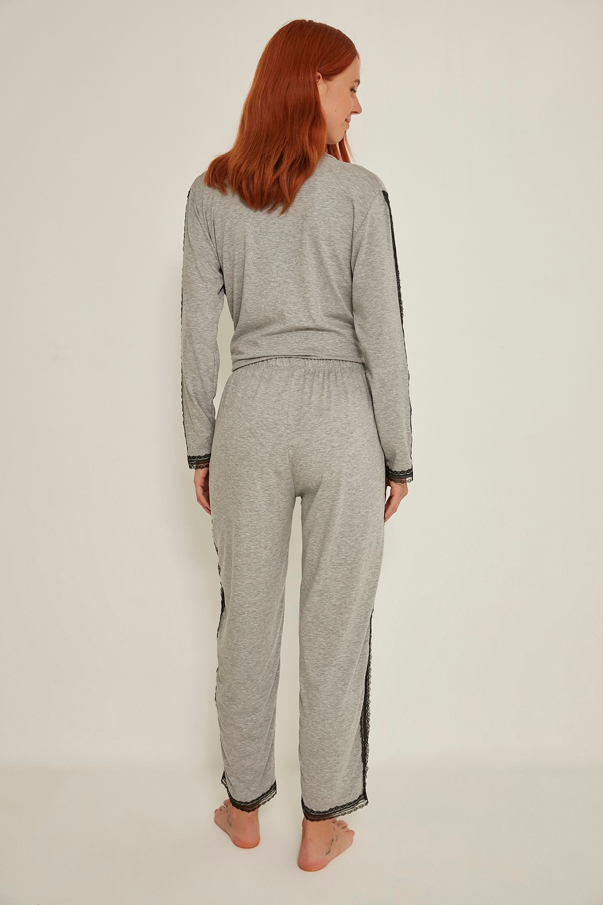 C&City Esperanza Kadın Dantelli Gömlek-Dantelli Pantolon Modal Pijama Takım Gri