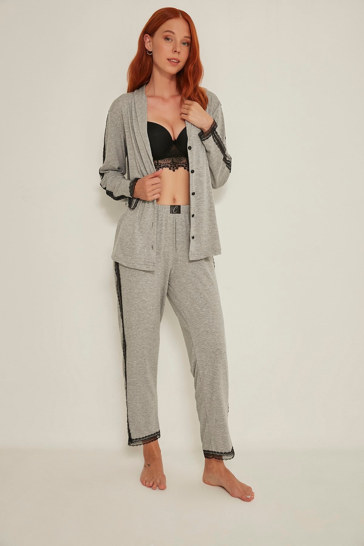 C&City Esperanza Kadın Dantelli Gömlek-Dantelli Pantolon Modal Pijama Takım Gri