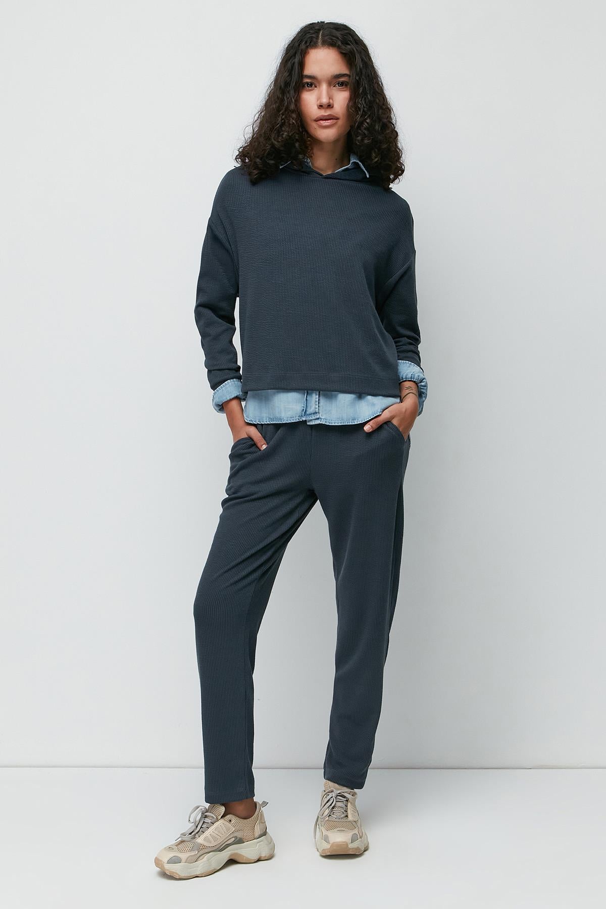 C&City Fitilli Kapüşonlu Sweatshirt Pantolon Takım 9131 Füme