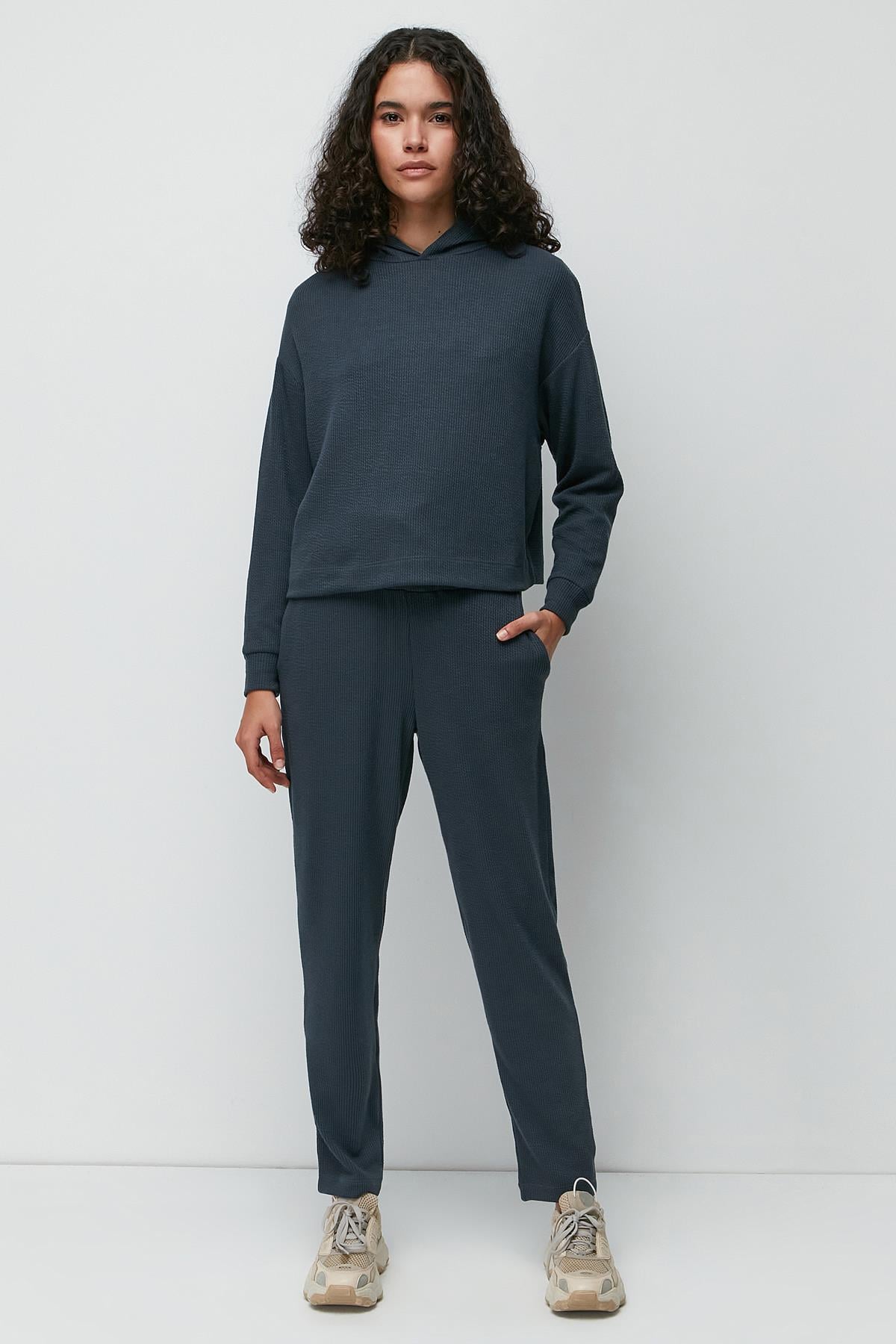 C&City Fitilli Kapüşonlu Sweatshirt Pantolon Takım 9131 Füme