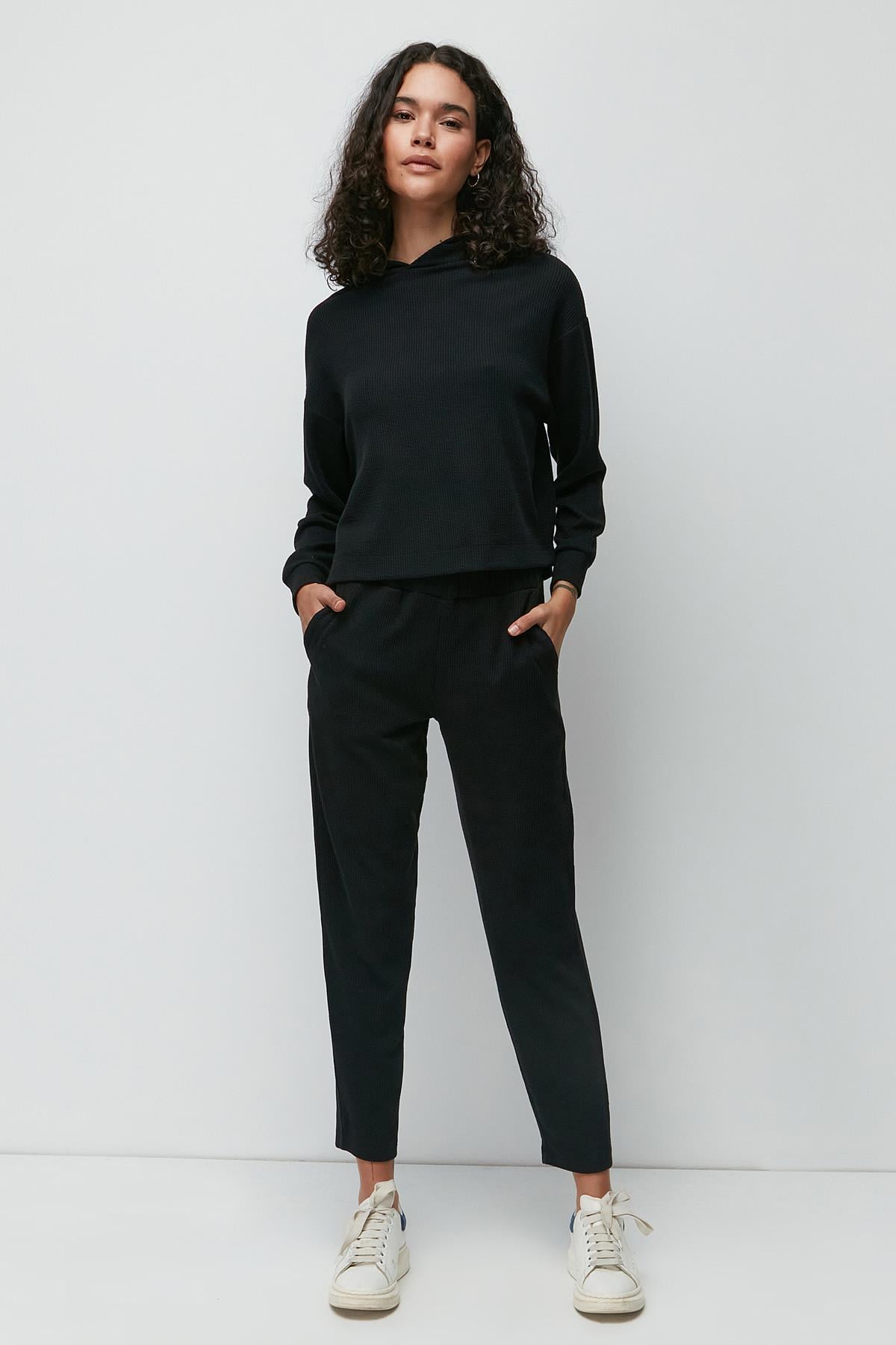 C&City Fitilli Kapüşonlu Sweatshirt Pantolon Takım 9131 Siyah