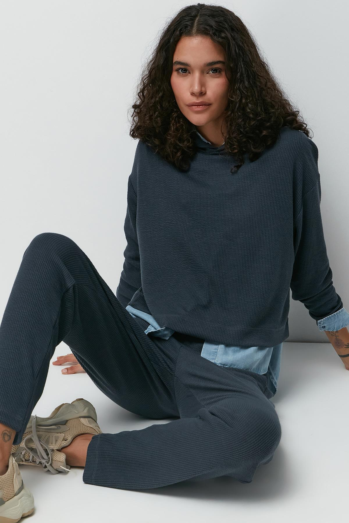 C&City Fitilli Kapüşonlu Sweatshirt Pantolon Takım 9131 Füme