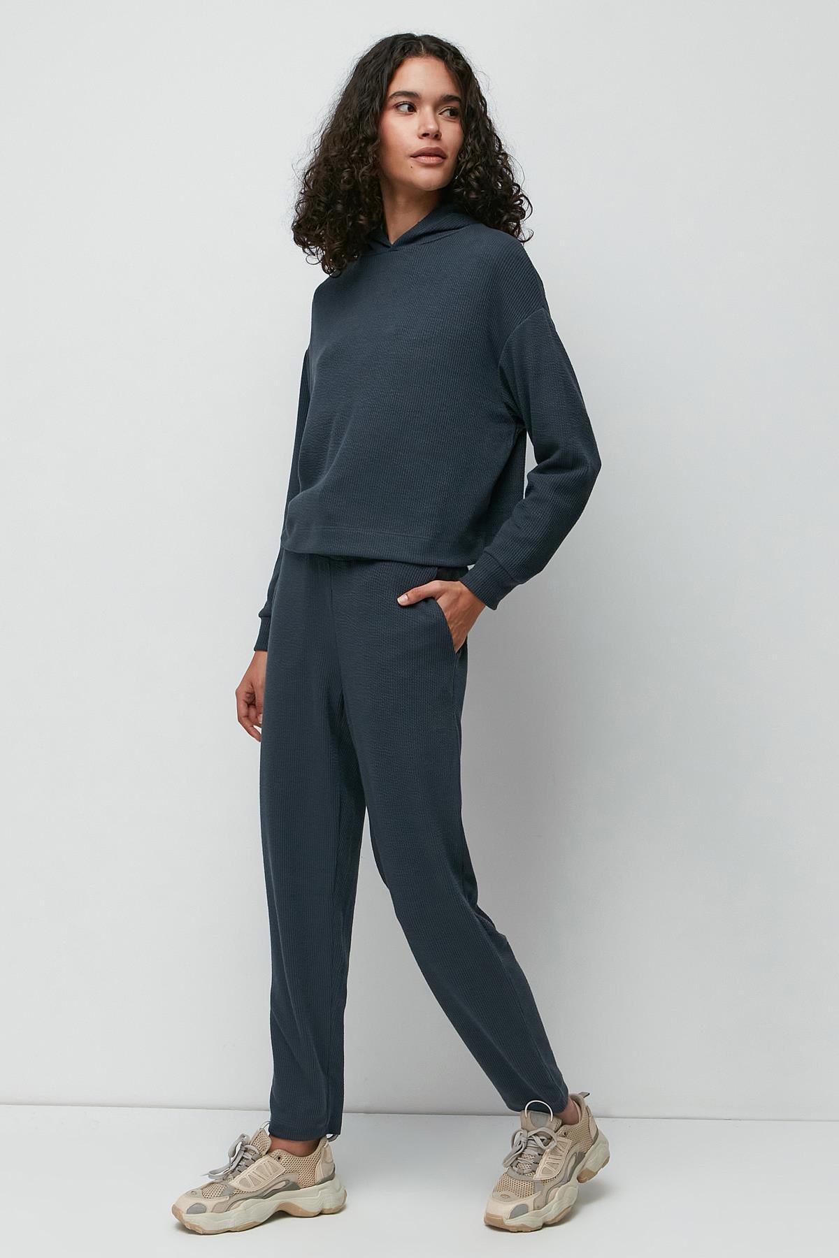 C&City Fitilli Kapüşonlu Sweatshirt Pantolon Takım 9131 Füme
