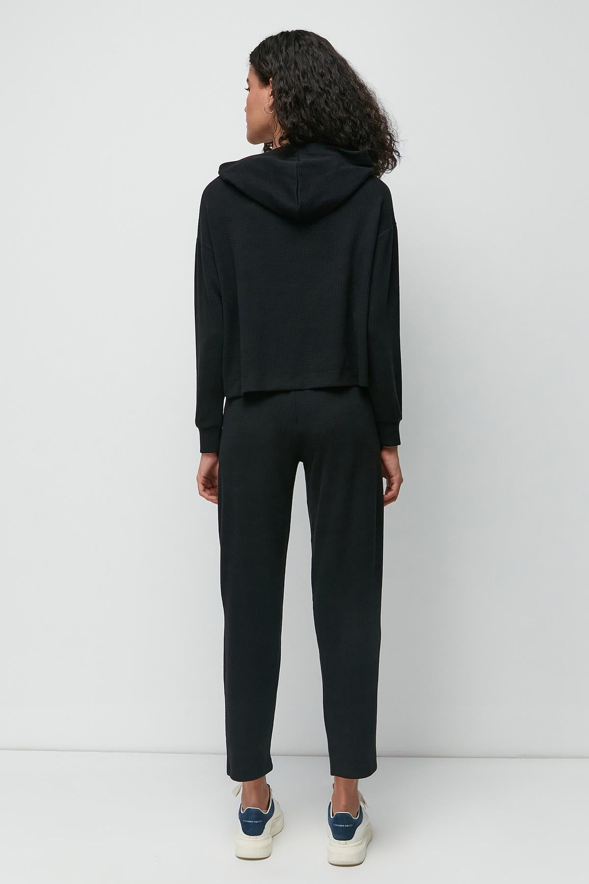 C&City Fitilli Kapüşonlu Sweatshirt Pantolon Takım 9131 Siyah