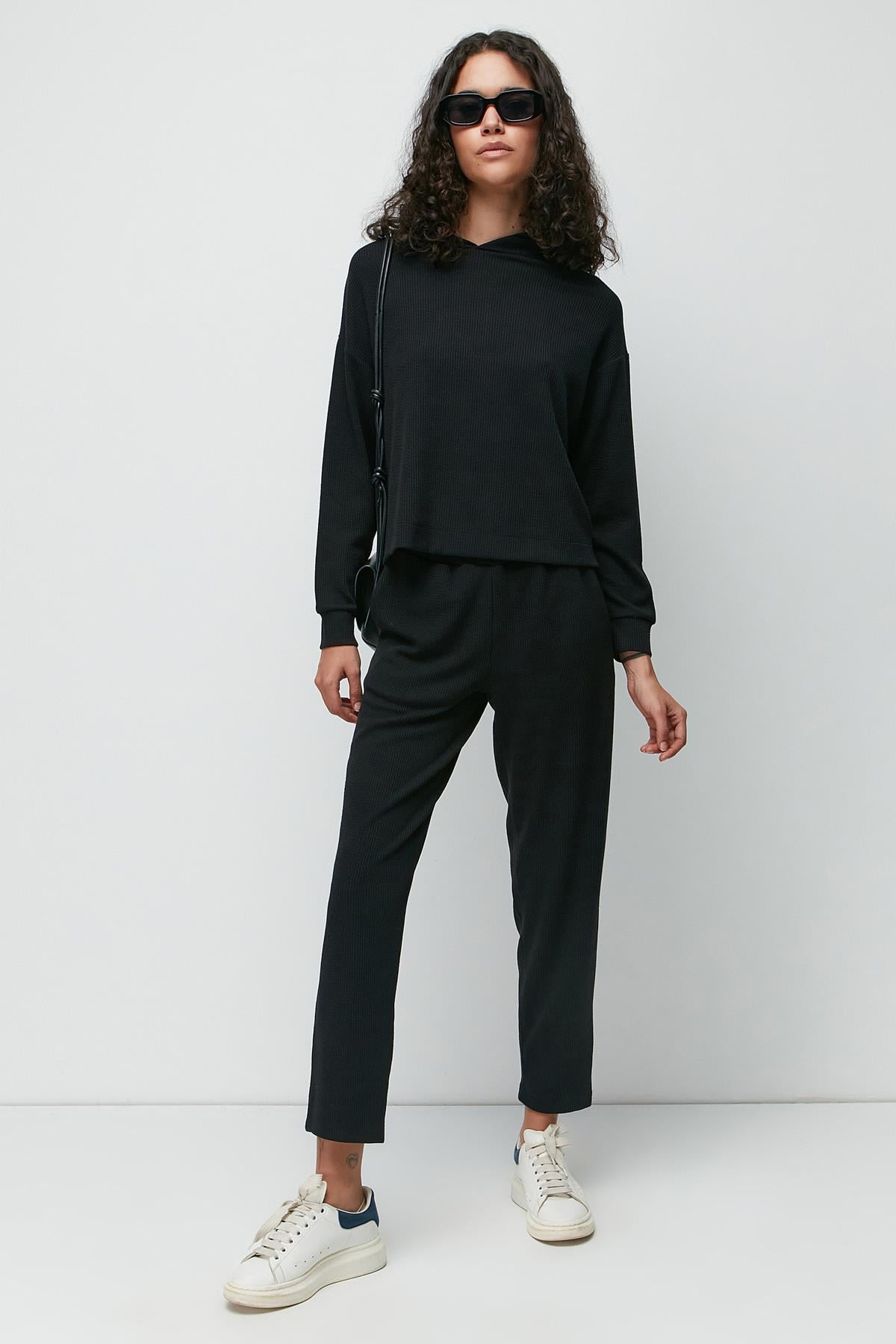 C&City Fitilli Kapüşonlu Sweatshirt Pantolon Takım 9131 Siyah