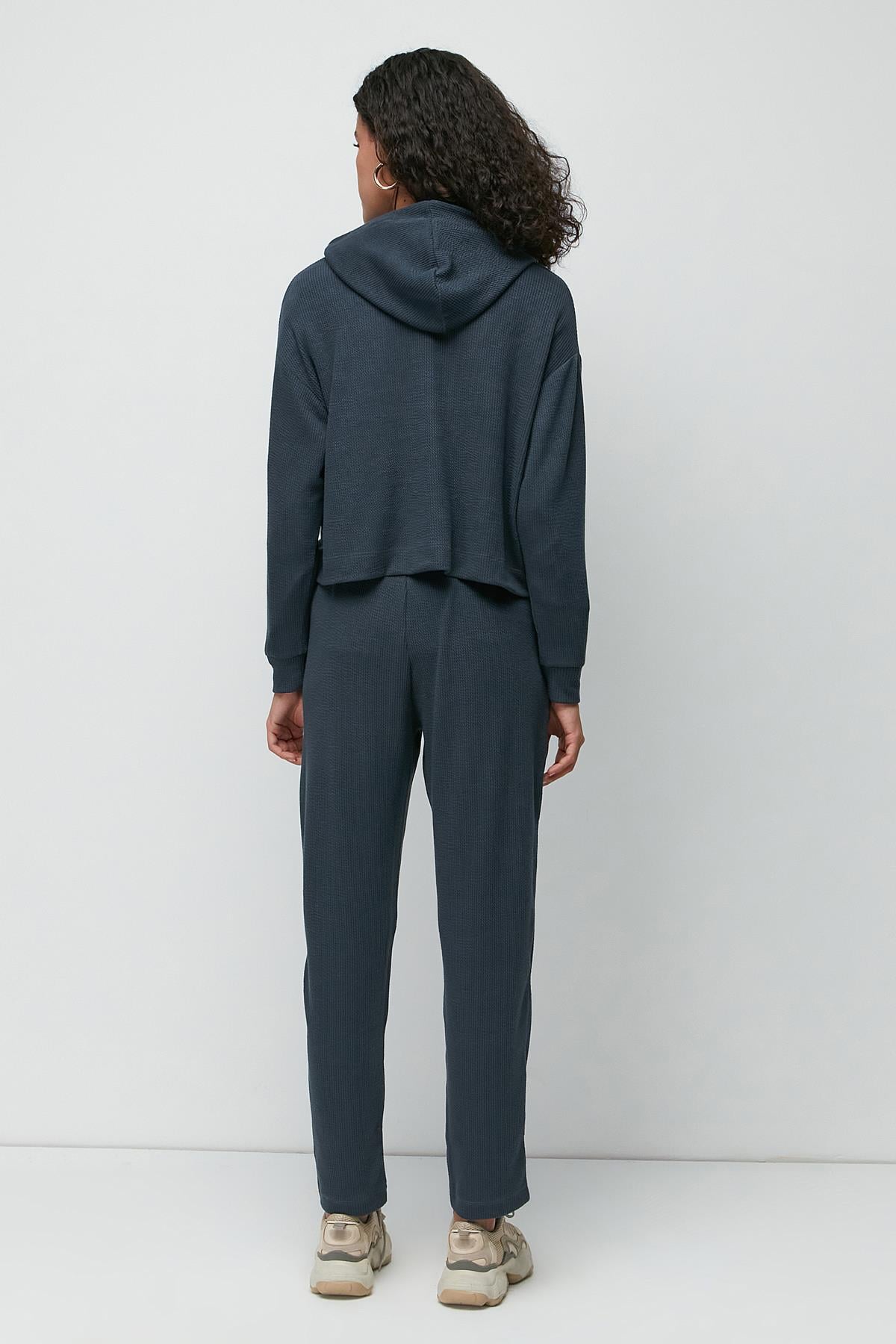 C&City Fitilli Kapüşonlu Sweatshirt Pantolon Takım 9131 Füme