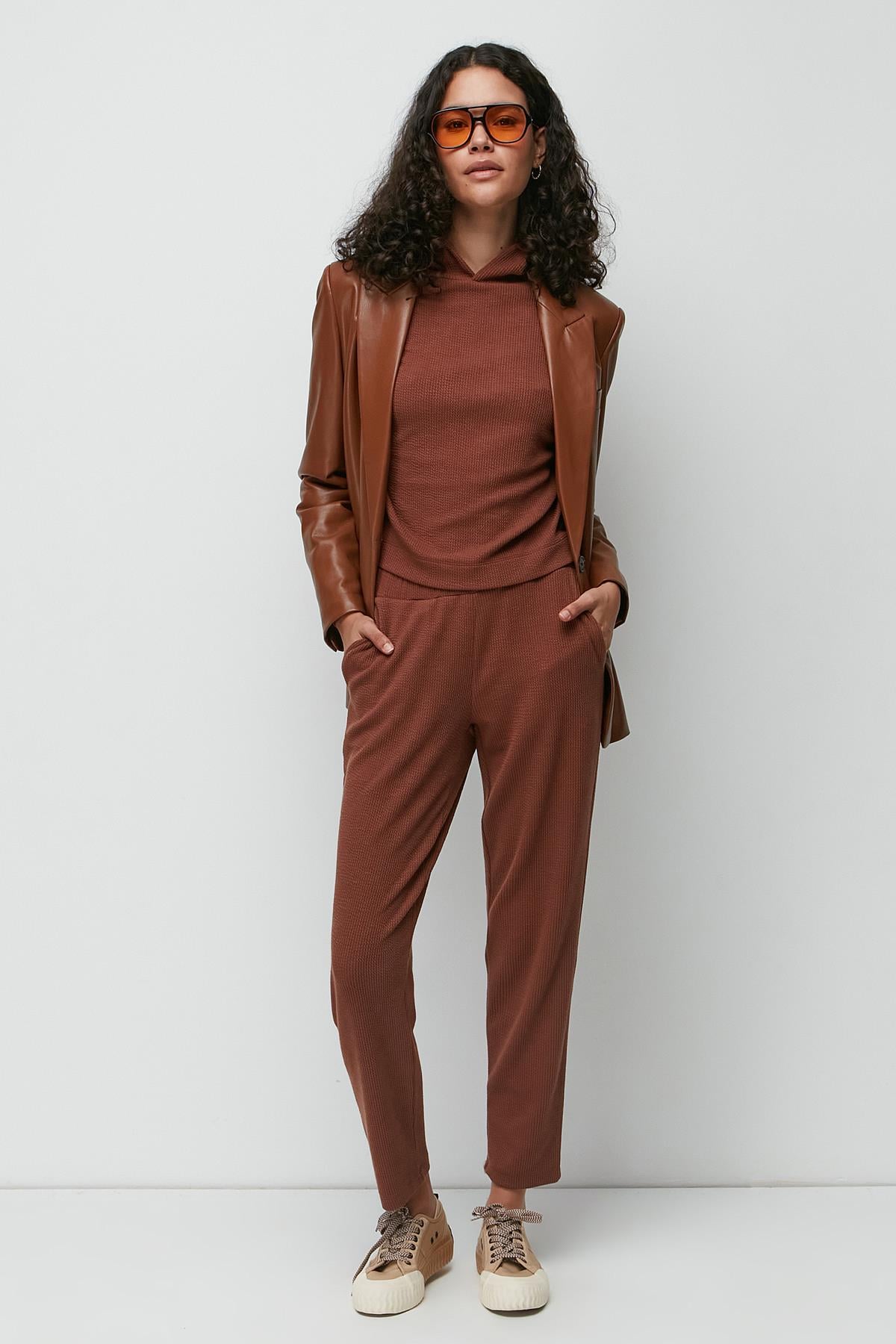 C&City Fitilli Kapüşonlu Sweatshirt Pantolon Takım 9131 Kahverengi