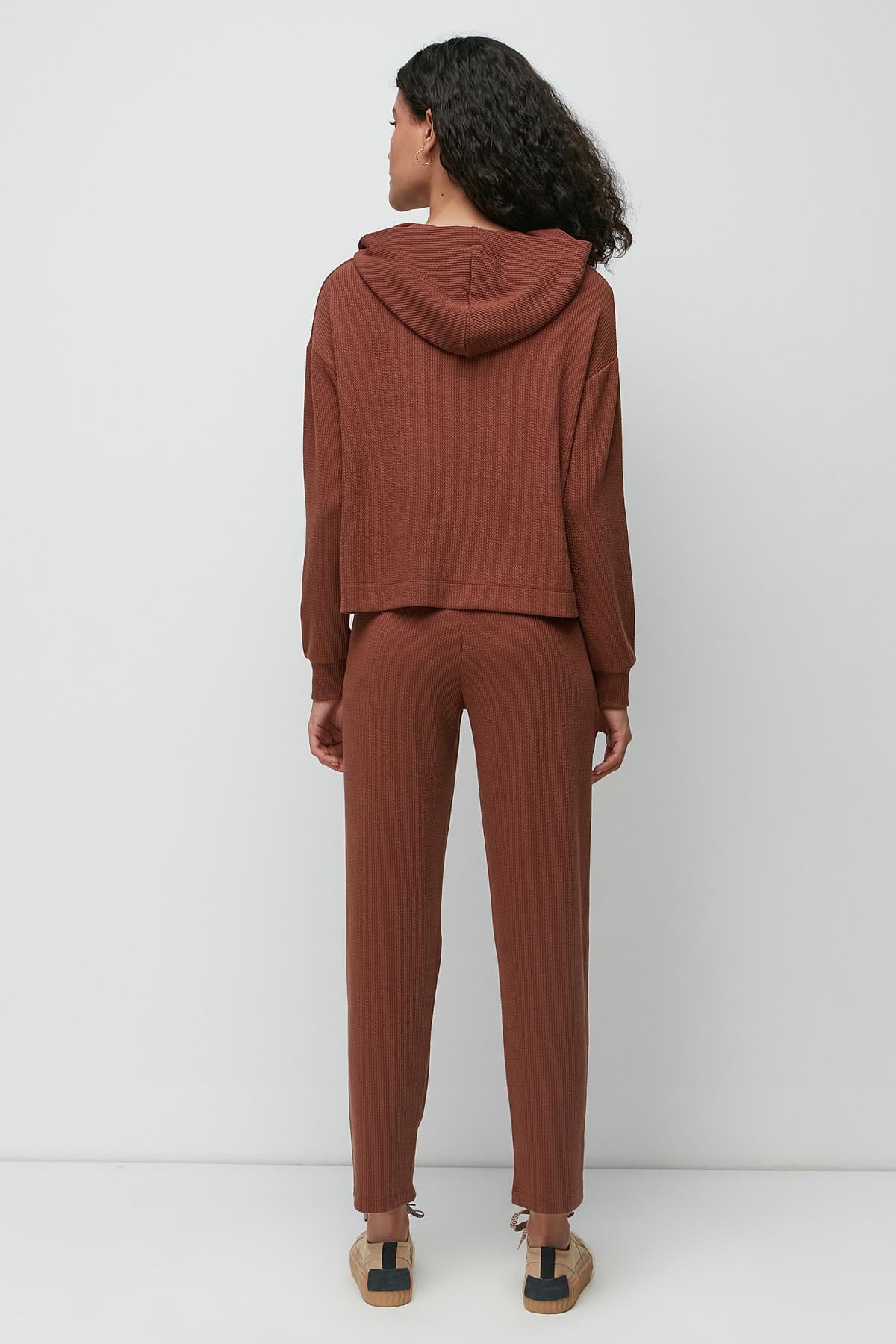 C&City Fitilli Kapüşonlu Sweatshirt Pantolon Takım 9131 Kahverengi