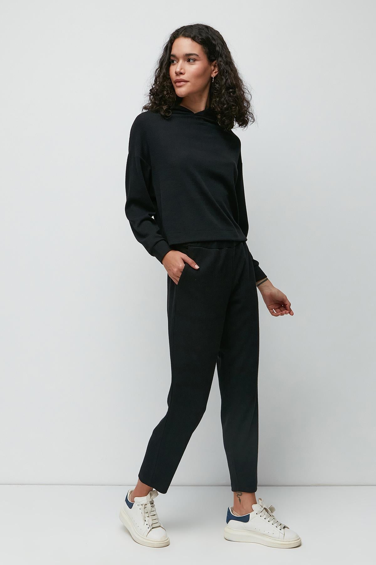 C&City Fitilli Kapüşonlu Sweatshirt Pantolon Takım 9131 Siyah