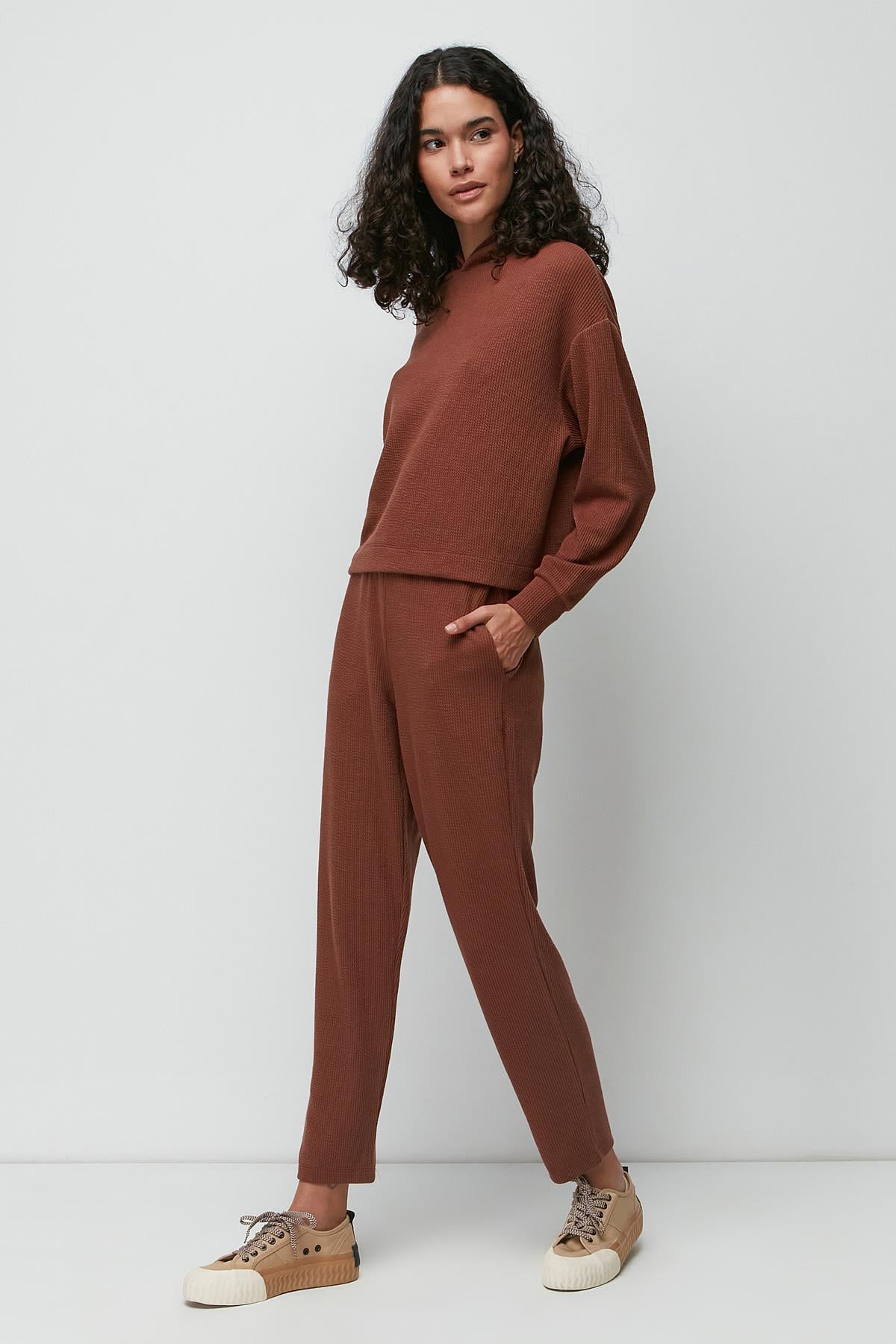 C&City Fitilli Kapüşonlu Sweatshirt Pantolon Takım 9131 Kahverengi