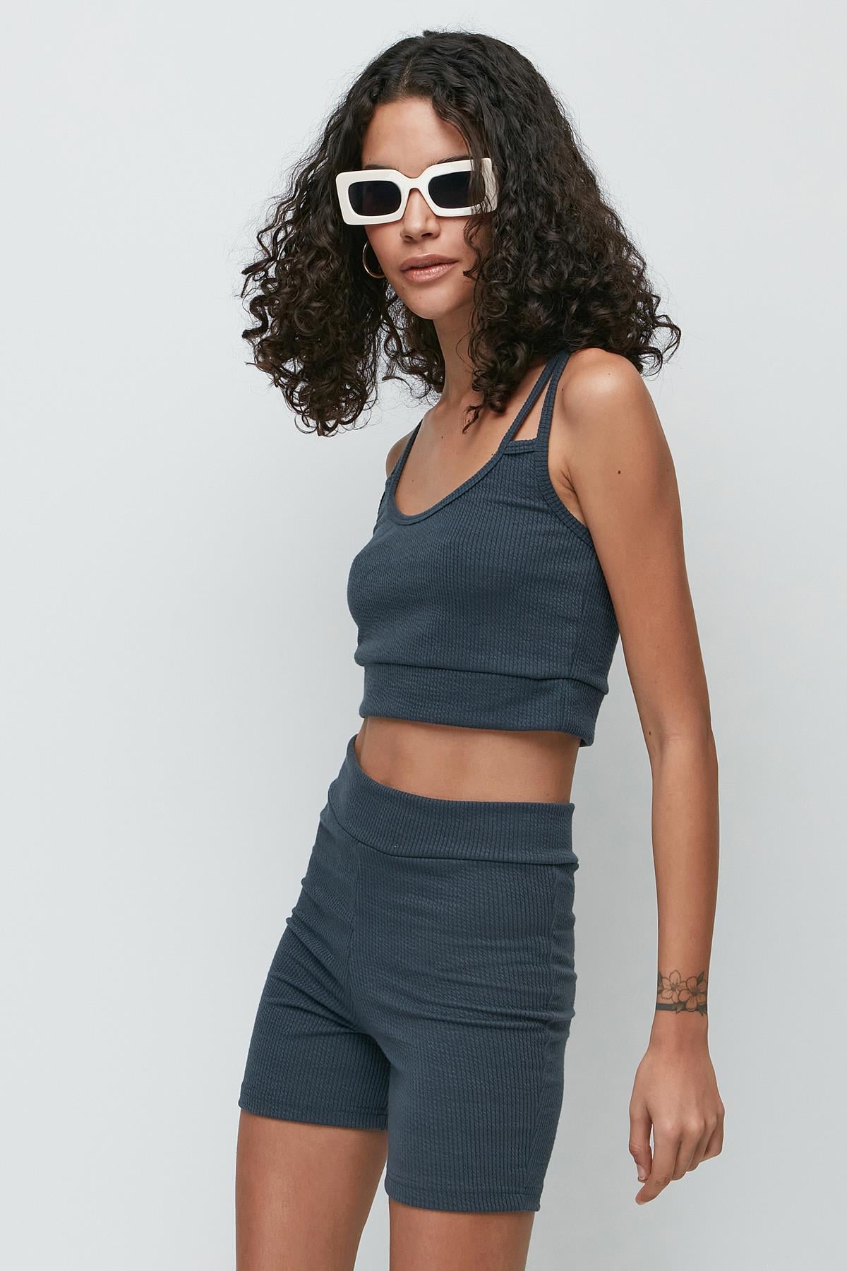 C&City Fitilli Omuz Detaylı Büstiyer Şort Takım 9133 Füme