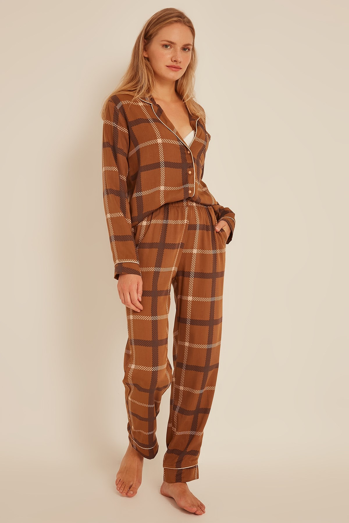 C&City Kadın Ekose Gömlek-Pantolon Pijama Takım 9040 Kahverengi