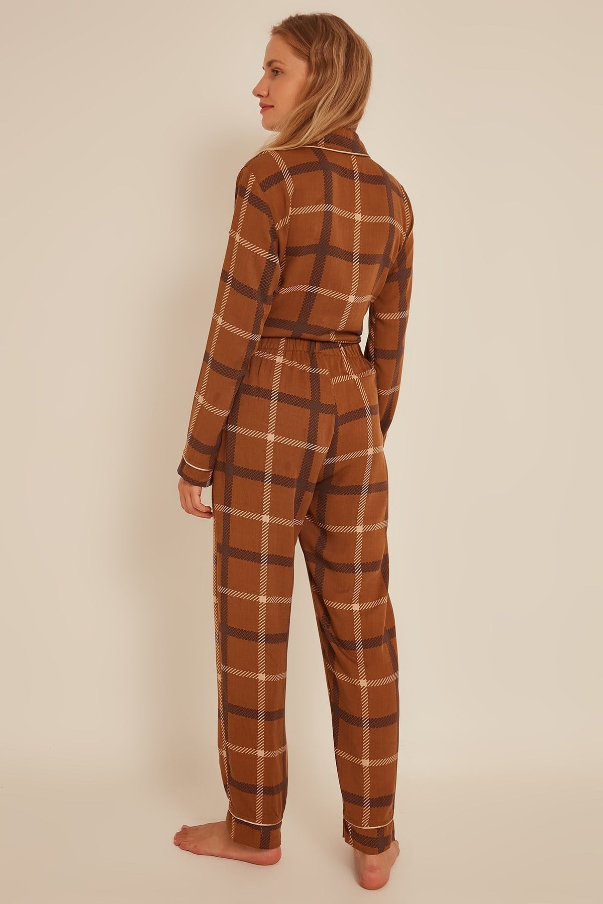 C&City Kadın Ekose Gömlek-Pantolon Pijama Takım 9040 Kahverengi