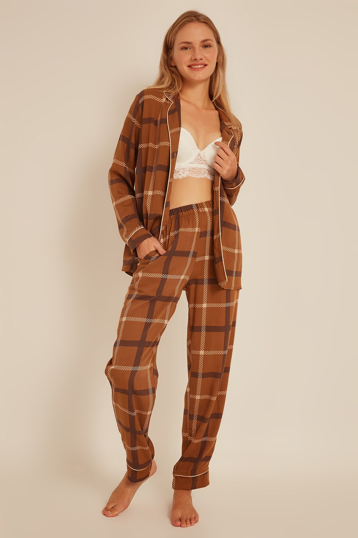 C&City Kadın Ekose Gömlek-Pantolon Pijama Takım 9040 Kahverengi