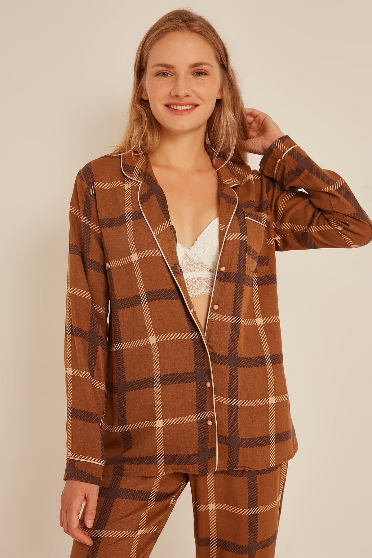 C&City Kadın Ekose Gömlek-Pantolon Pijama Takım 9040 Kahverengi