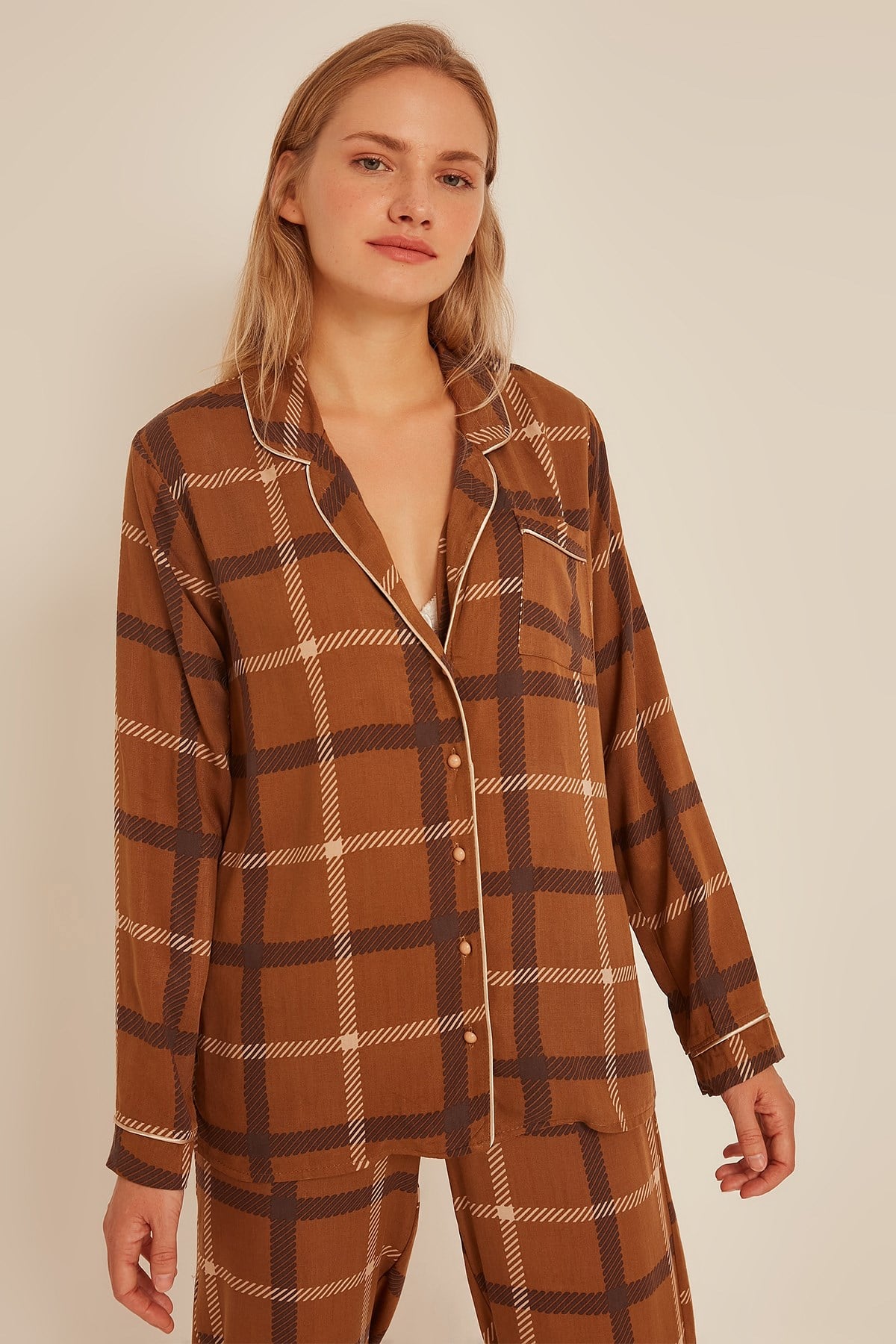 C&City Kadın Ekose Gömlek-Pantolon Pijama Takım 9040 Kahverengi