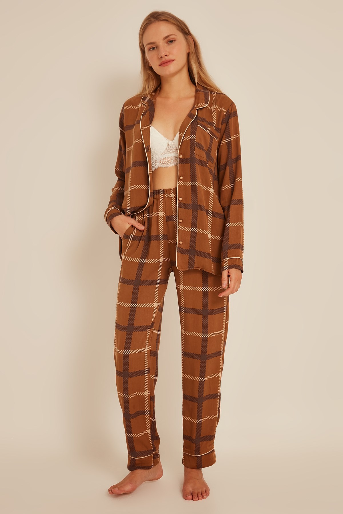C&City Kadın Ekose Gömlek-Pantolon Pijama Takım 9040 Kahverengi