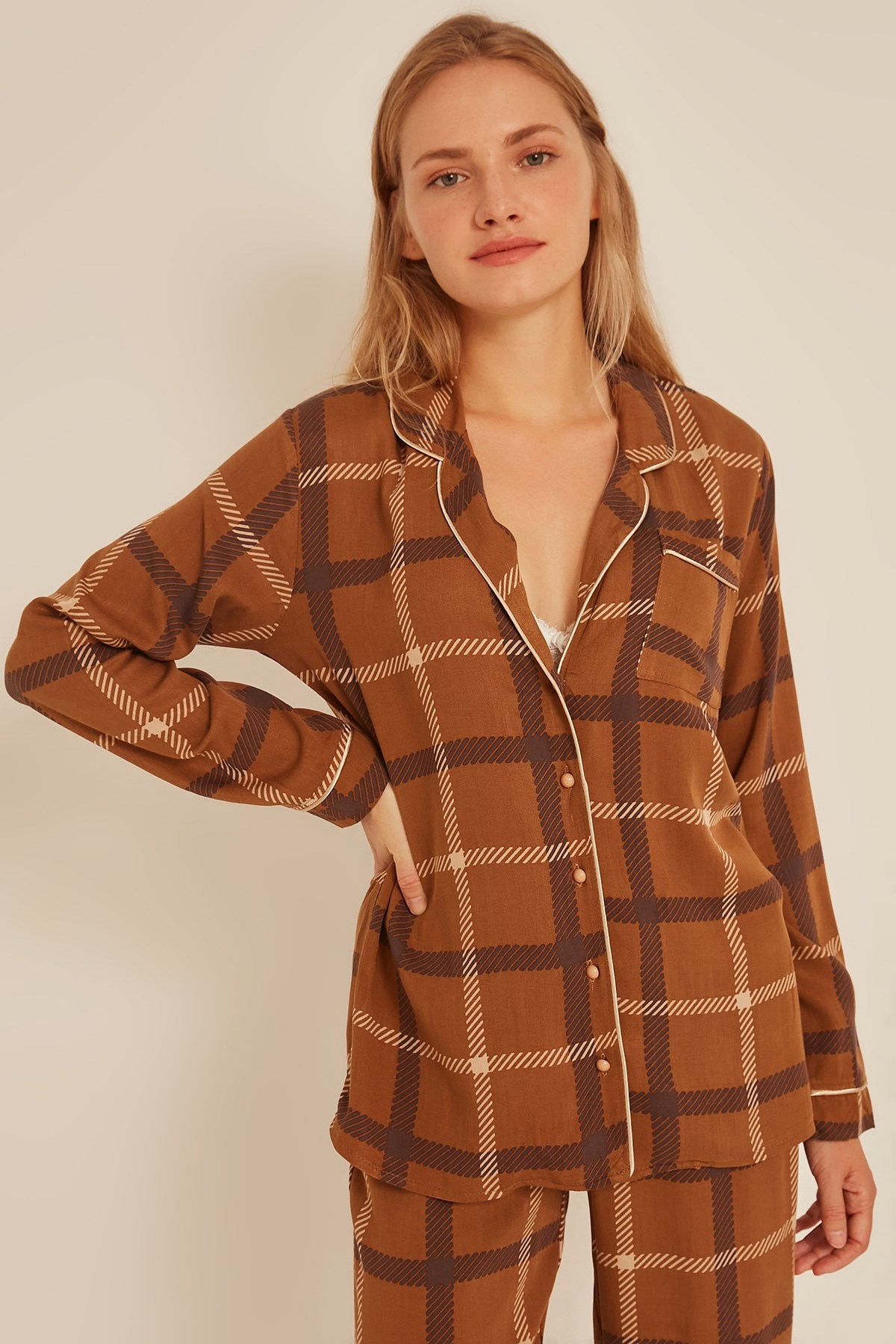C&City Kadın Ekose Gömlek-Pantolon Pijama Takım 9040 Kahverengi