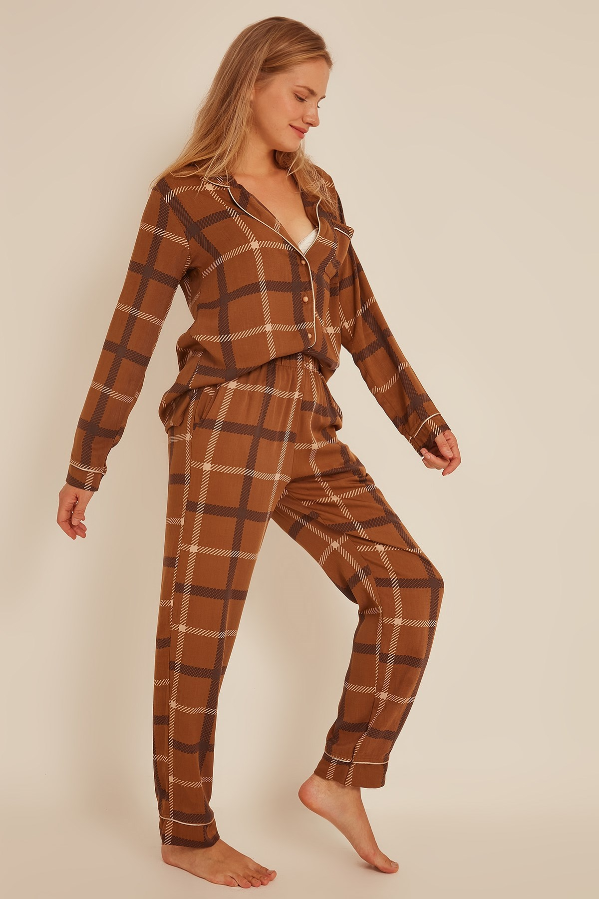 C&City Kadın Ekose Gömlek-Pantolon Pijama Takım 9040 Kahverengi
