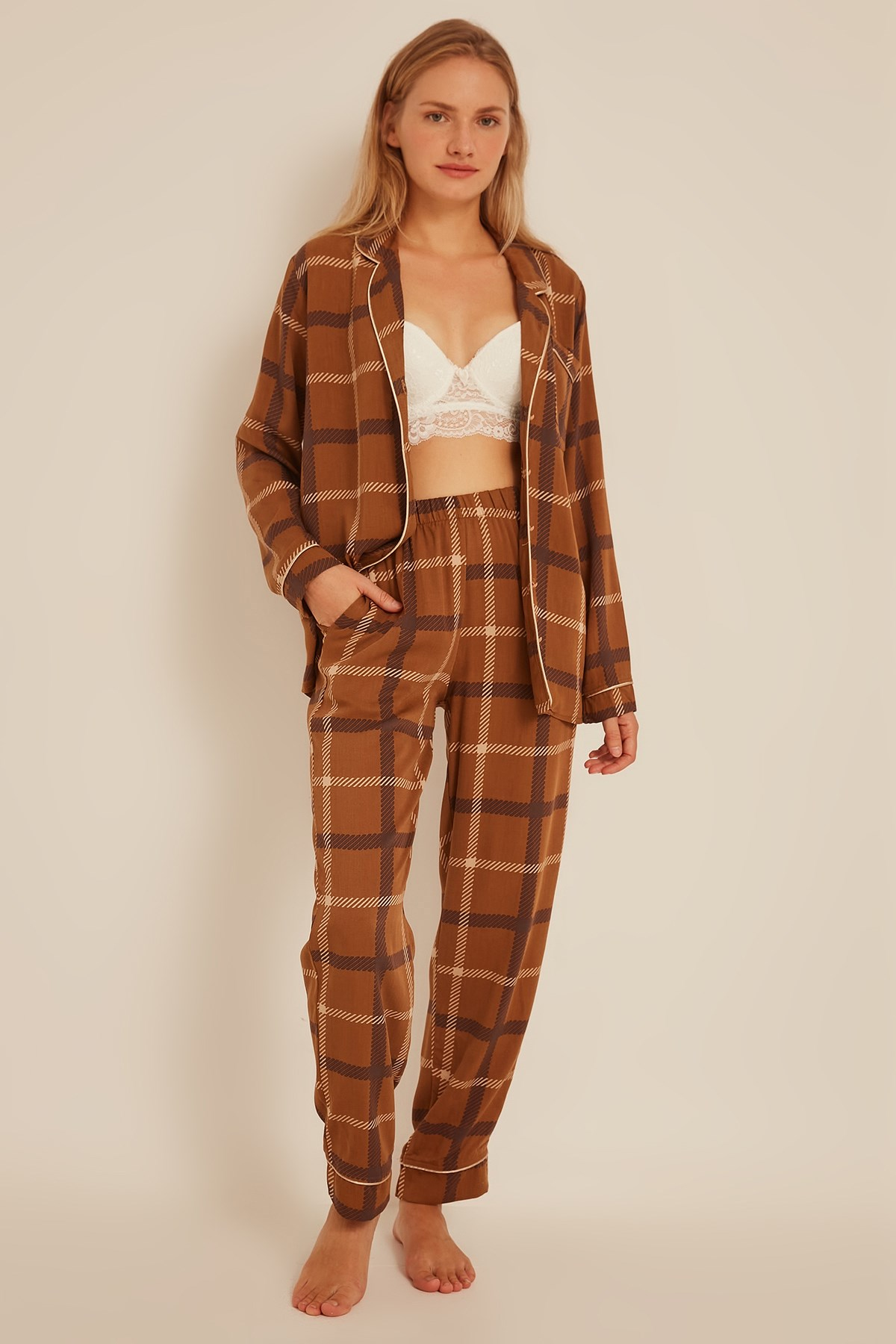 C&City Kadın Ekose Gömlek-Pantolon Pijama Takım 9040 Kahverengi