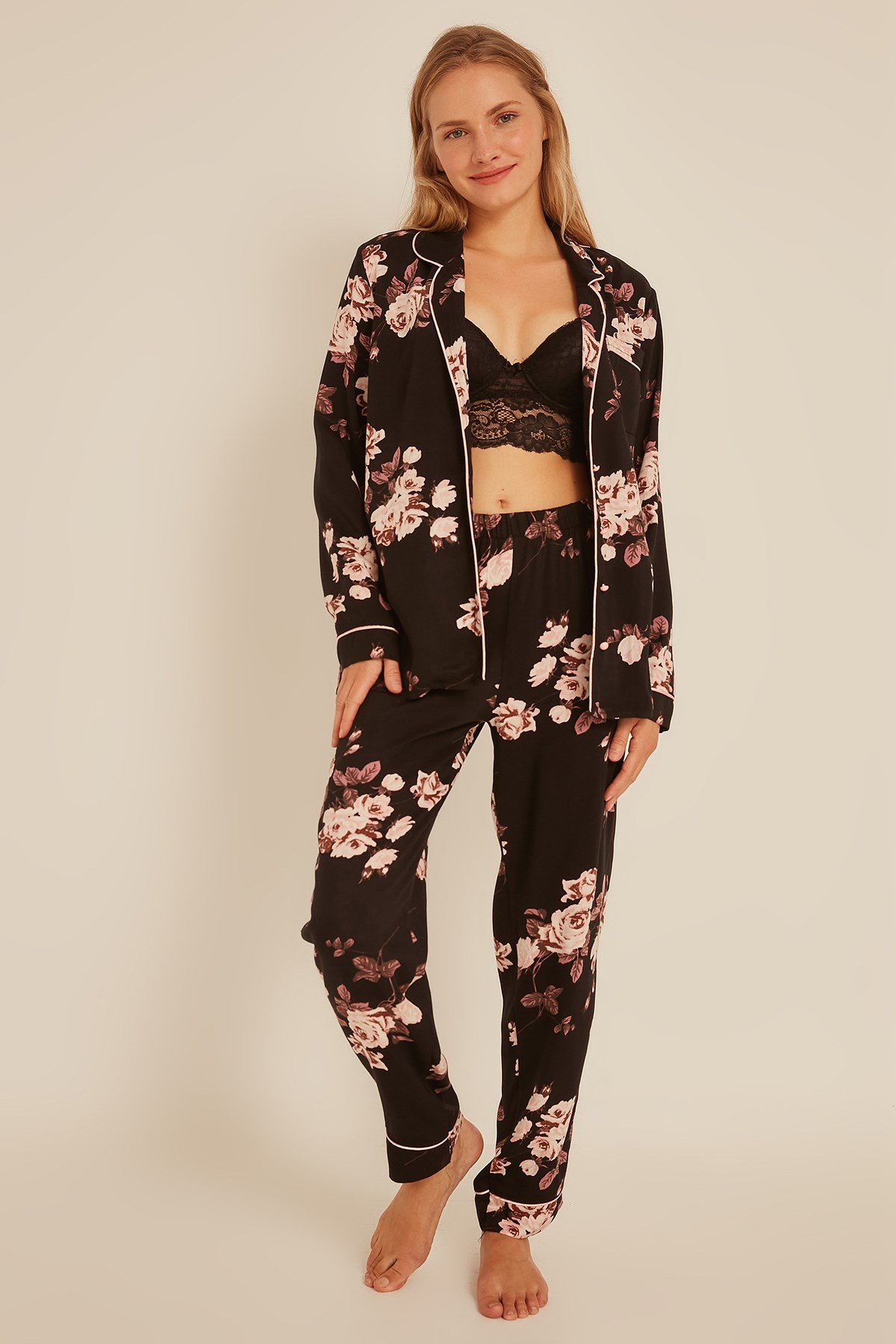 C&City Kadın Gül Gömlek-Pantolon Pijama Takım 9037 Siyah