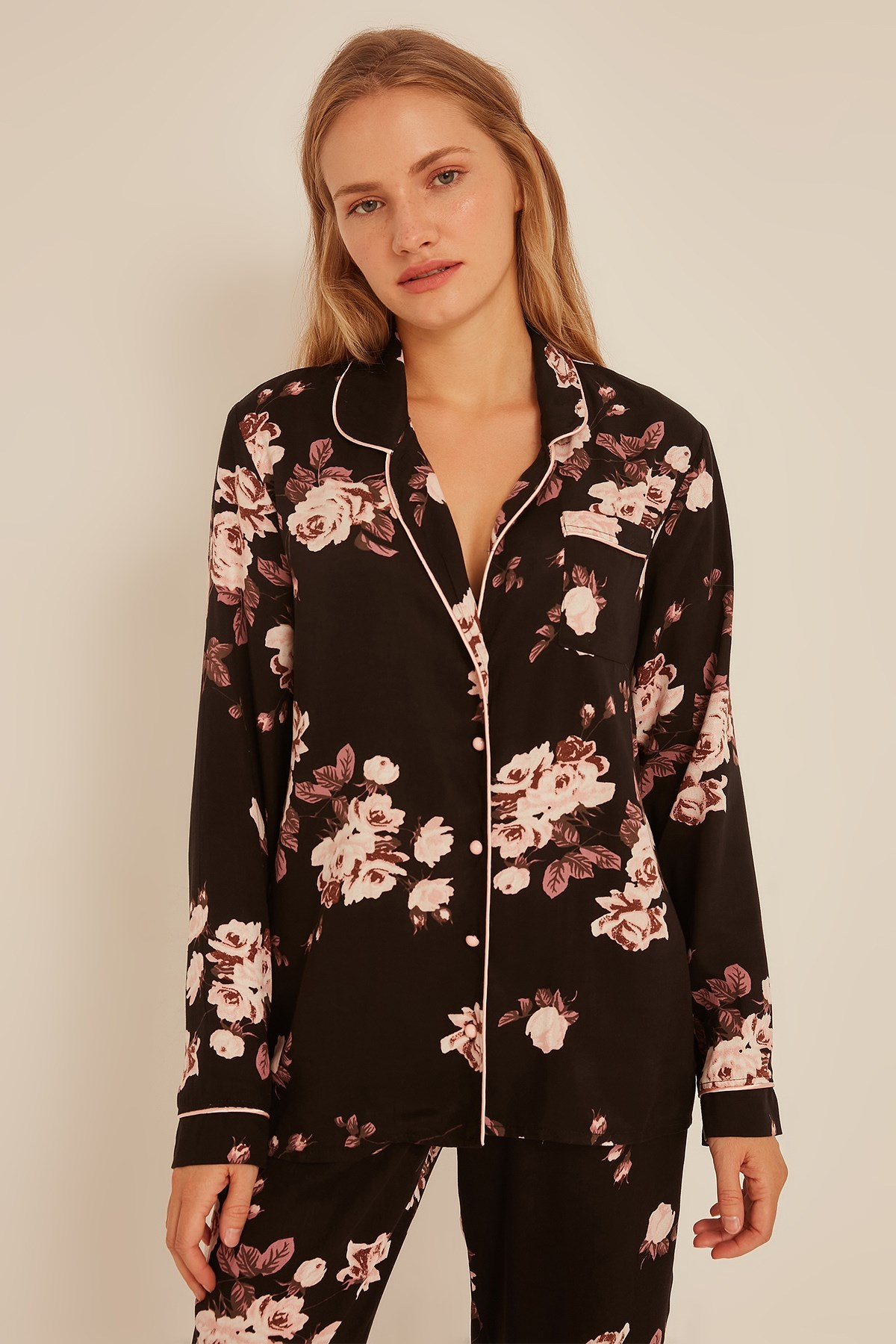 C&City Kadın Gül Gömlek-Pantolon Pijama Takım 9037 Siyah