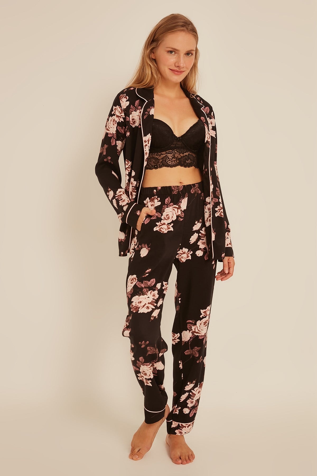 C&City Kadın Gül Gömlek-Pantolon Pijama Takım 9037 Siyah