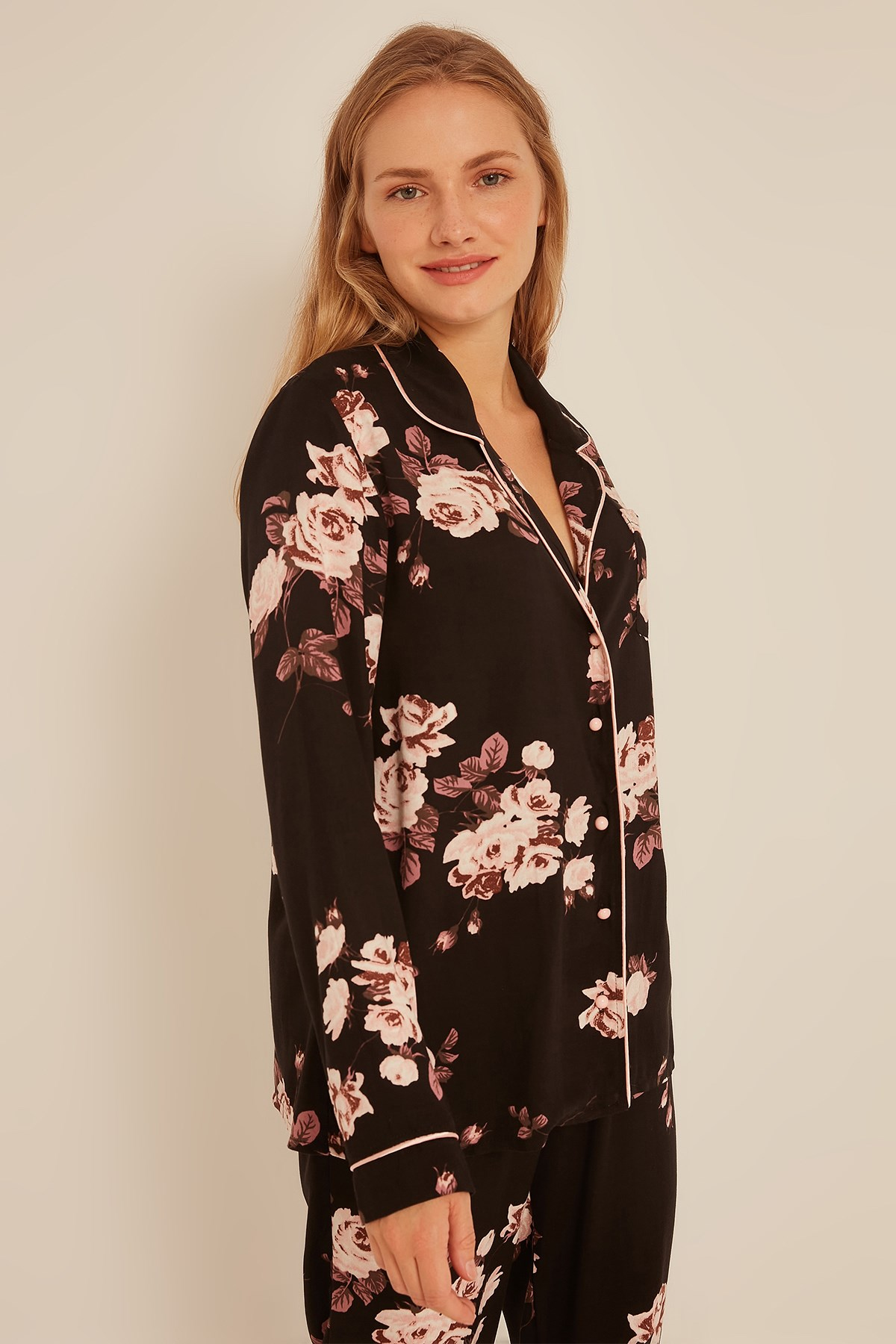 C&City Kadın Gül Gömlek-Pantolon Pijama Takım 9037 Siyah