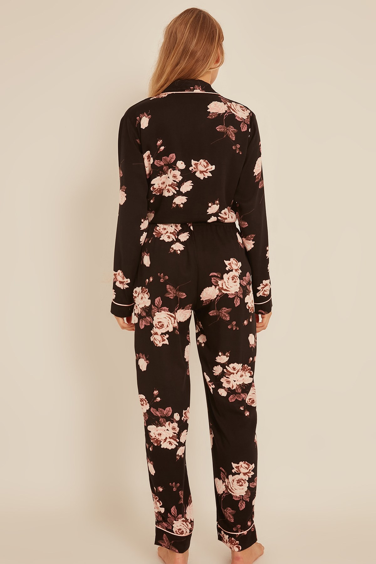 C&City Kadın Gül Gömlek-Pantolon Pijama Takım 9037 Siyah