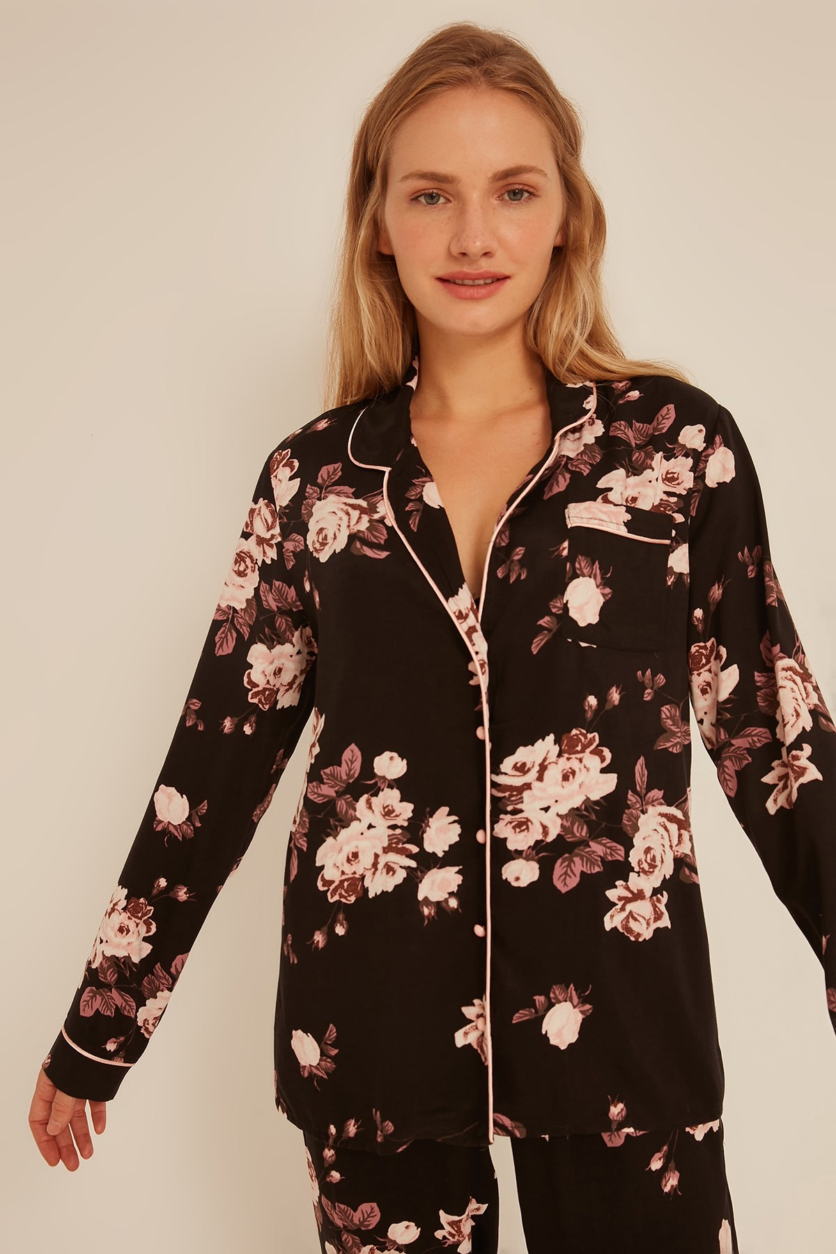 C&City Kadın Gül Gömlek-Pantolon Pijama Takım 9037 Siyah