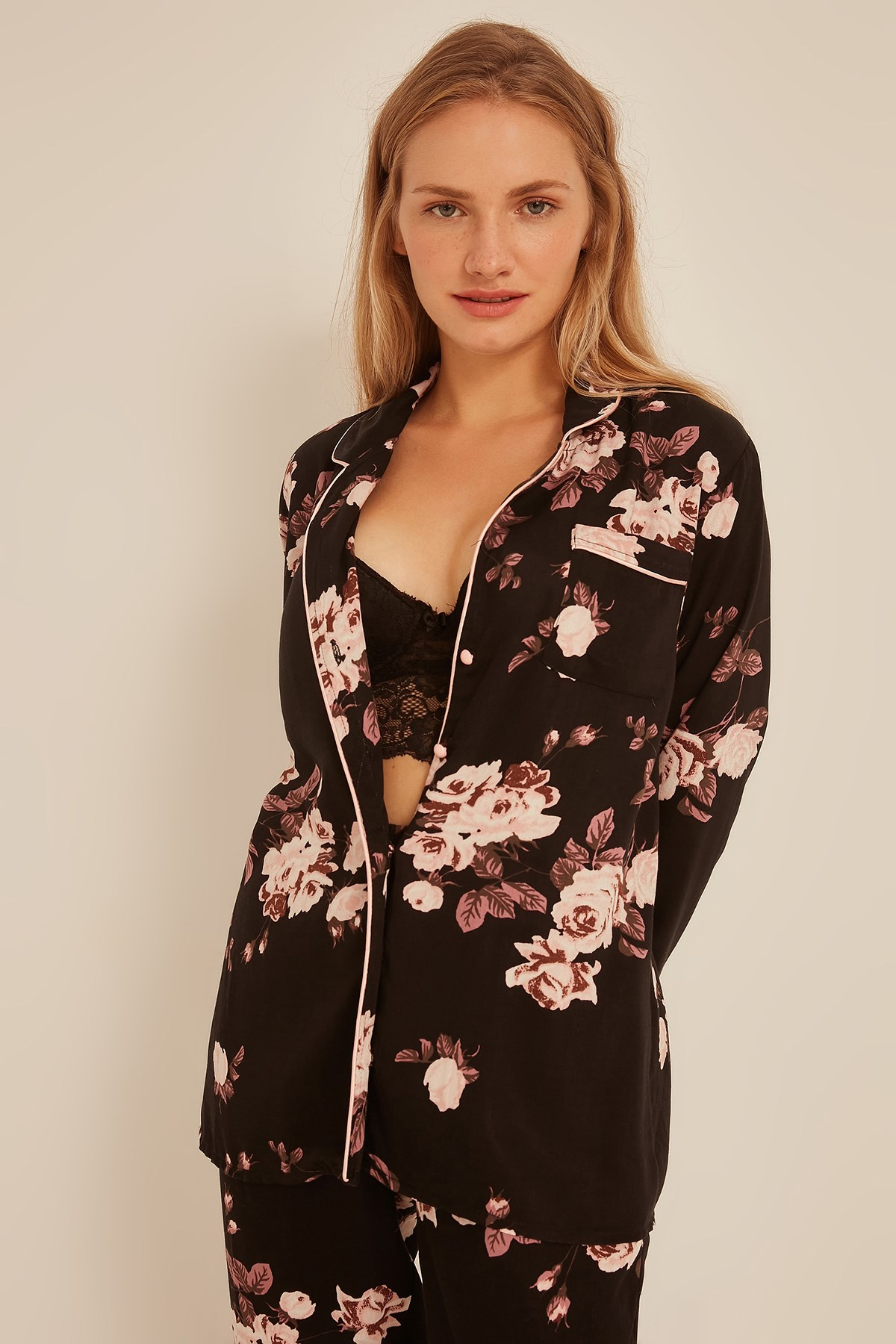 C&City Kadın Gül Gömlek-Pantolon Pijama Takım 9037 Siyah