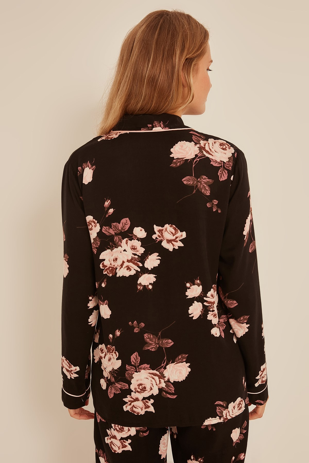 C&City Kadın Gül Gömlek-Pantolon Pijama Takım 9037 Siyah