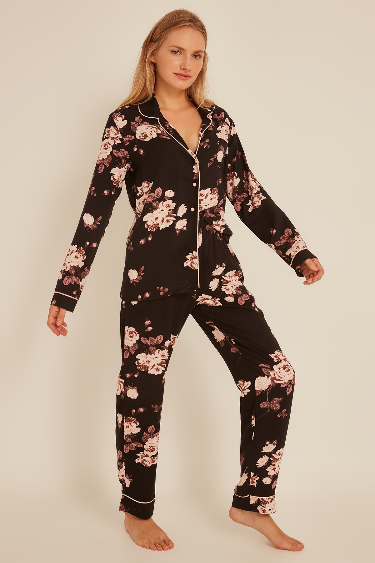C&City Kadın Gül Gömlek-Pantolon Pijama Takım 9037 Siyah