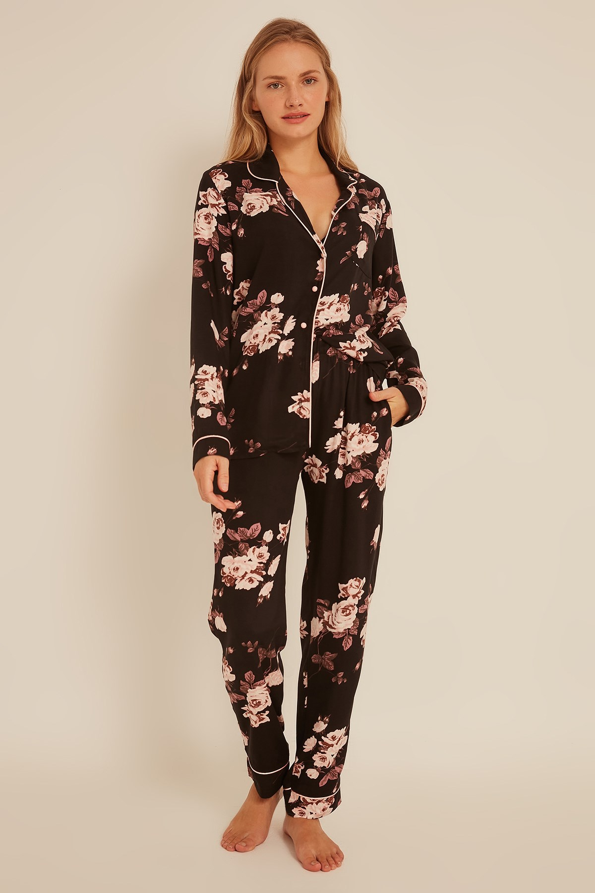 C&City Kadın Gül Gömlek-Pantolon Pijama Takım 9037 Siyah