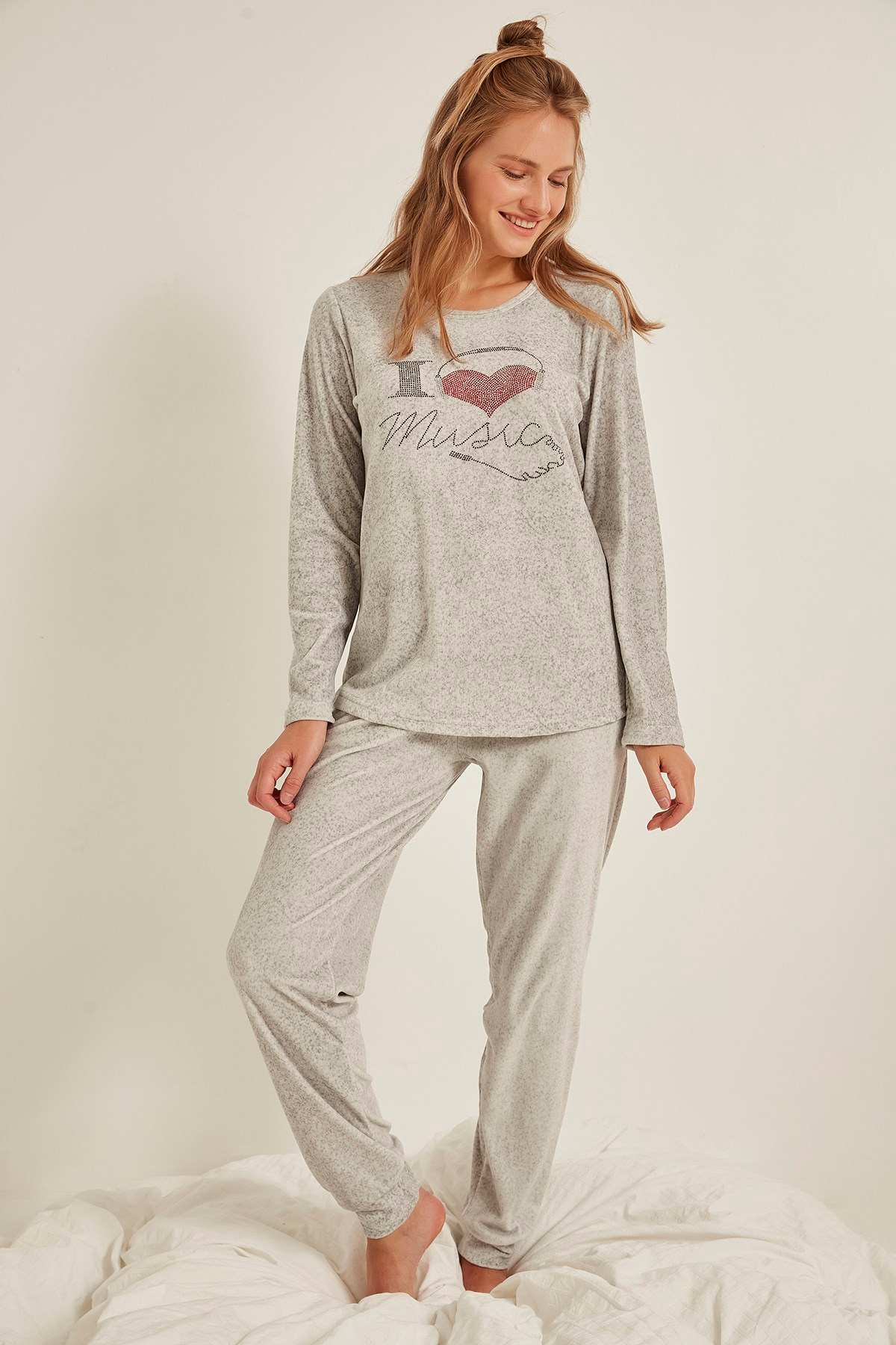 C&City Kadın Kadife Pijama Takım 0050420000 Gri Melanj